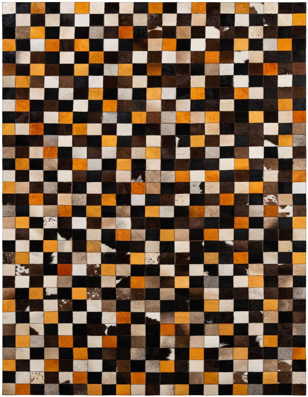 A 5x8 rectangular Cowhide Patchwork rug featuring a modern checkered pattern in multi-colored squares of black, brown, white, and orange.