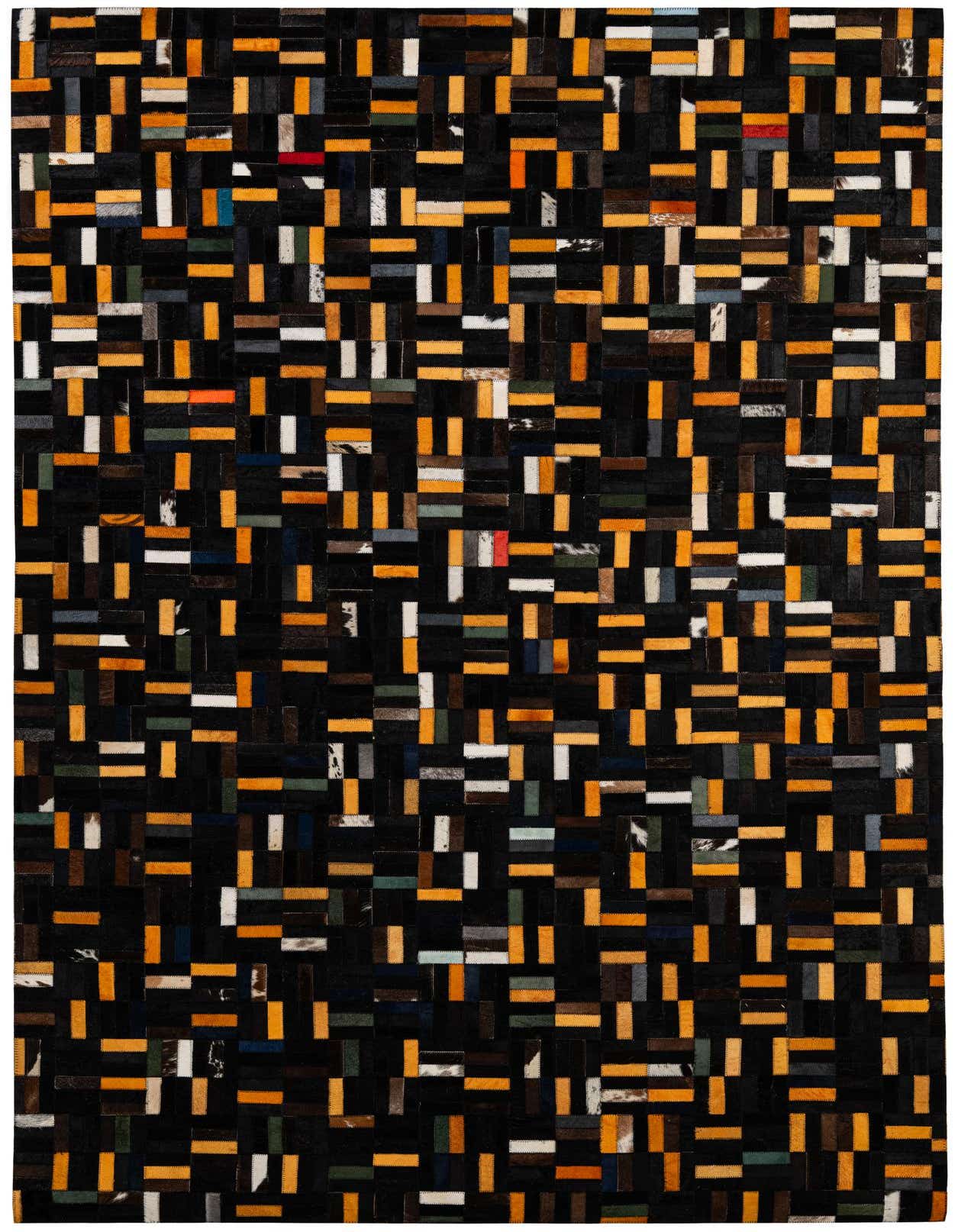 A 5x8 rectangular cowhide rug featuring a modern patchwork of black, orange, white, and multi-colored leather strips.