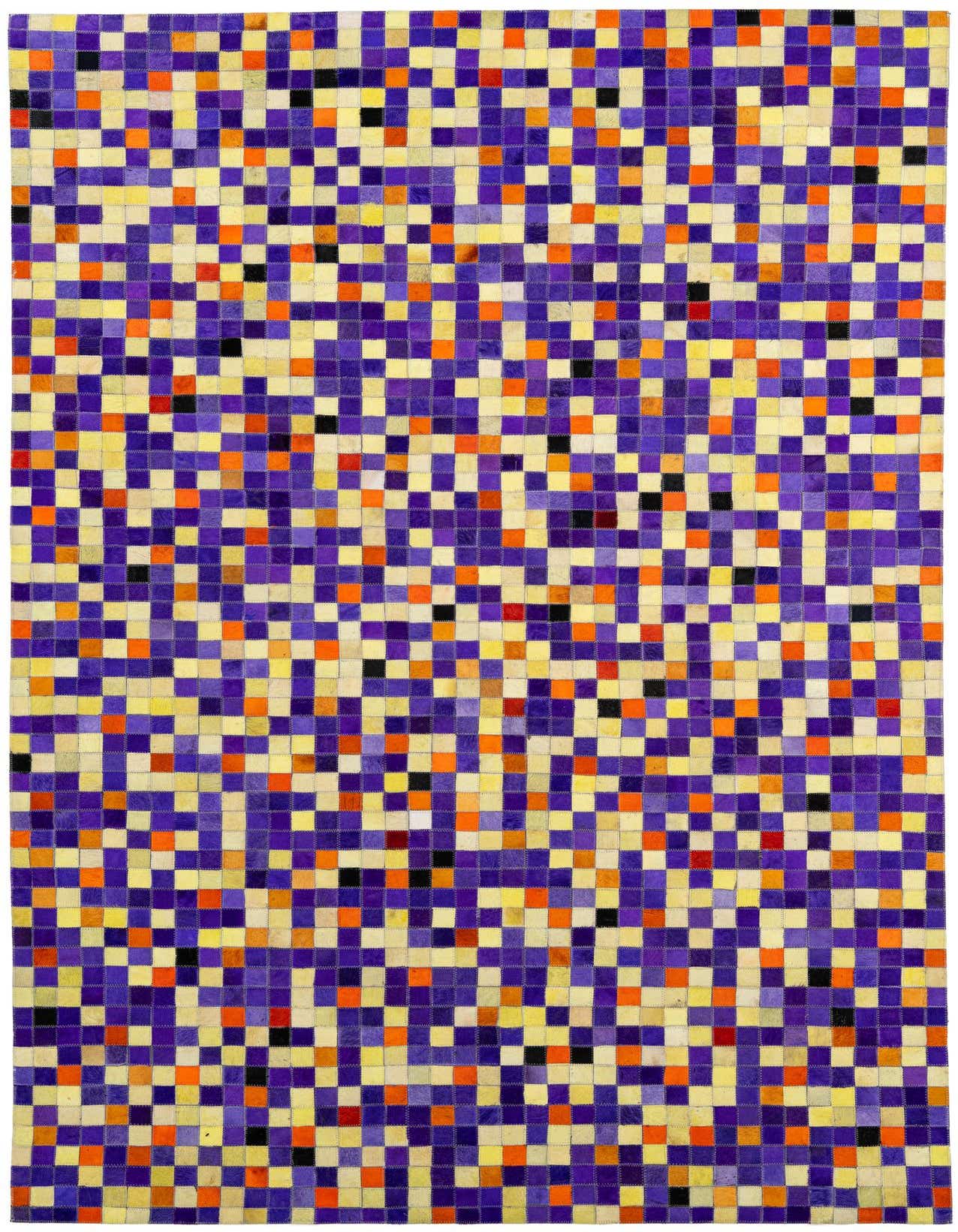 A 5x8 rectangular modern patchwork rug made of cowhide and leather, featuring a vibrant pixelated design in purple, yellow, orange, and black squares.