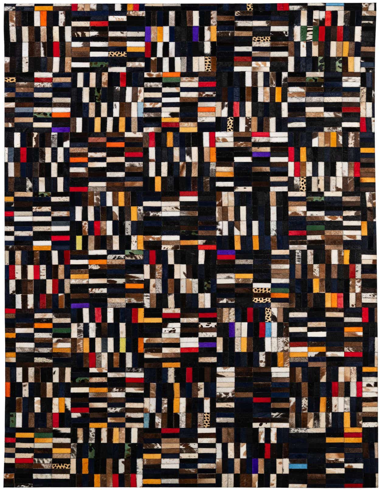 A rectangular 5x8 modern patchwork cowhide rug with multi-colored rectangular pieces in black, white, brown, red, orange, purple, and animal print.
