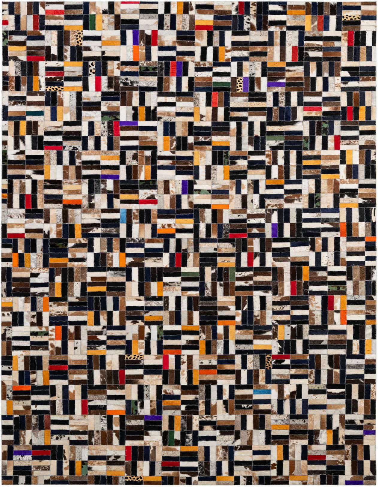 A rectangular 5x8 multi-colored cowhide patchwork rug with a modern stripe pattern, ideal for a living room.