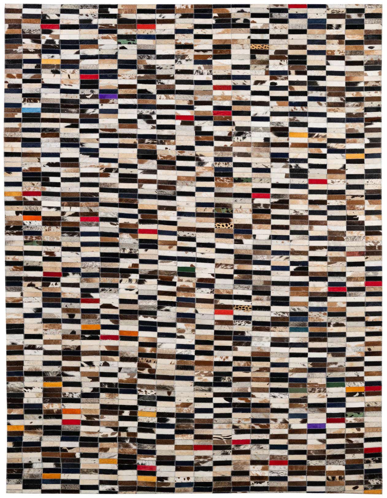 A 5x8 rectangular Cowhide Patchwork rug featuring a multi-colored modern stripe pattern with various natural hide tones and colorful accents.