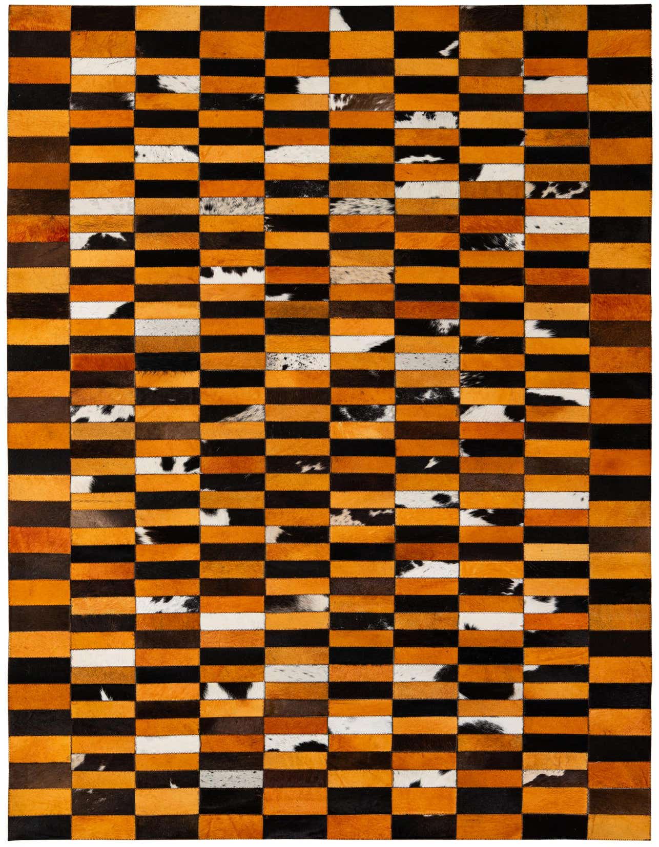 A 5x8 rectangular Cowhide Patchwork rug featuring a modern stripe pattern in multi-colored hues, perfect for a living room.