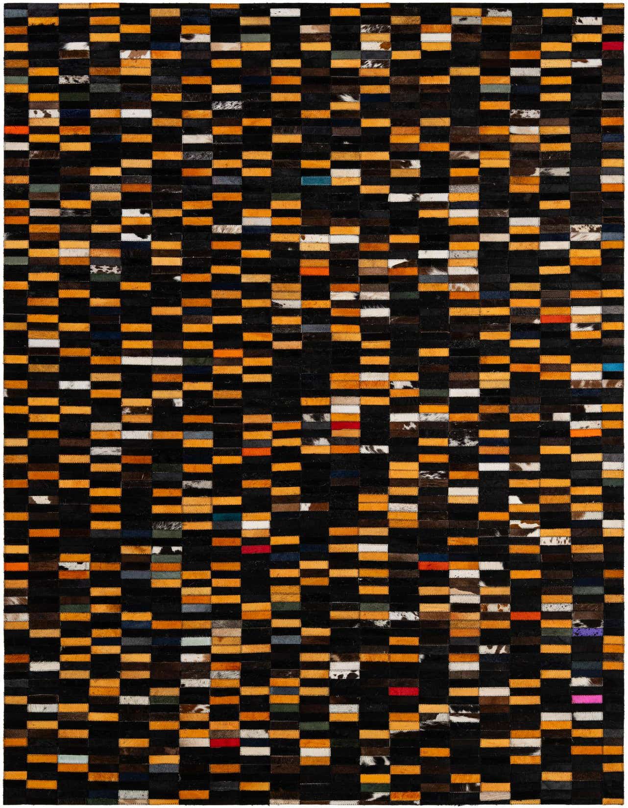 A rectangular 5x8 multi-colored modern patchwork rug made from cowhide and leather, featuring horizontal stripes of black, various browns, oranges, and other accent colors.