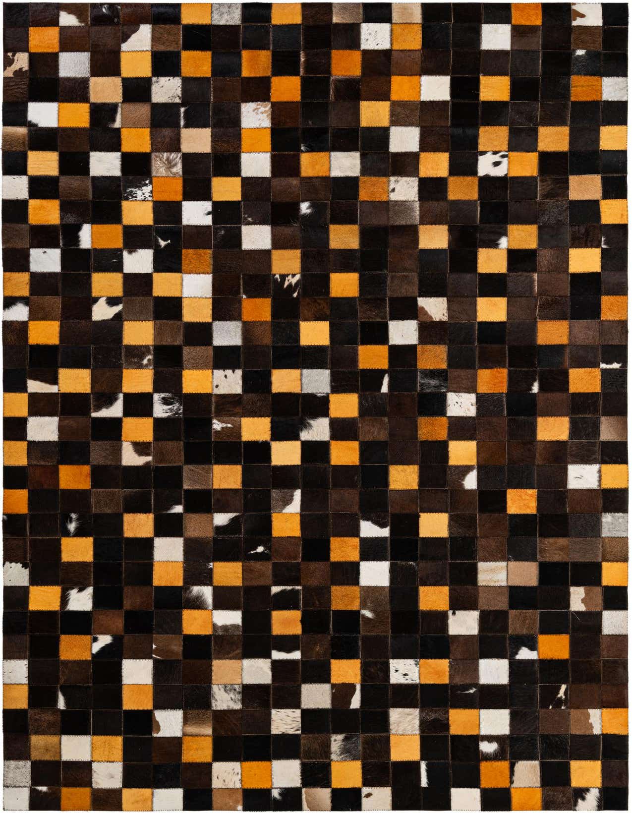 A 5x8 rectangular Cowhide - Patchwork rug featuring a modern checkered pattern in multi-colored squares, ideal for a living room.