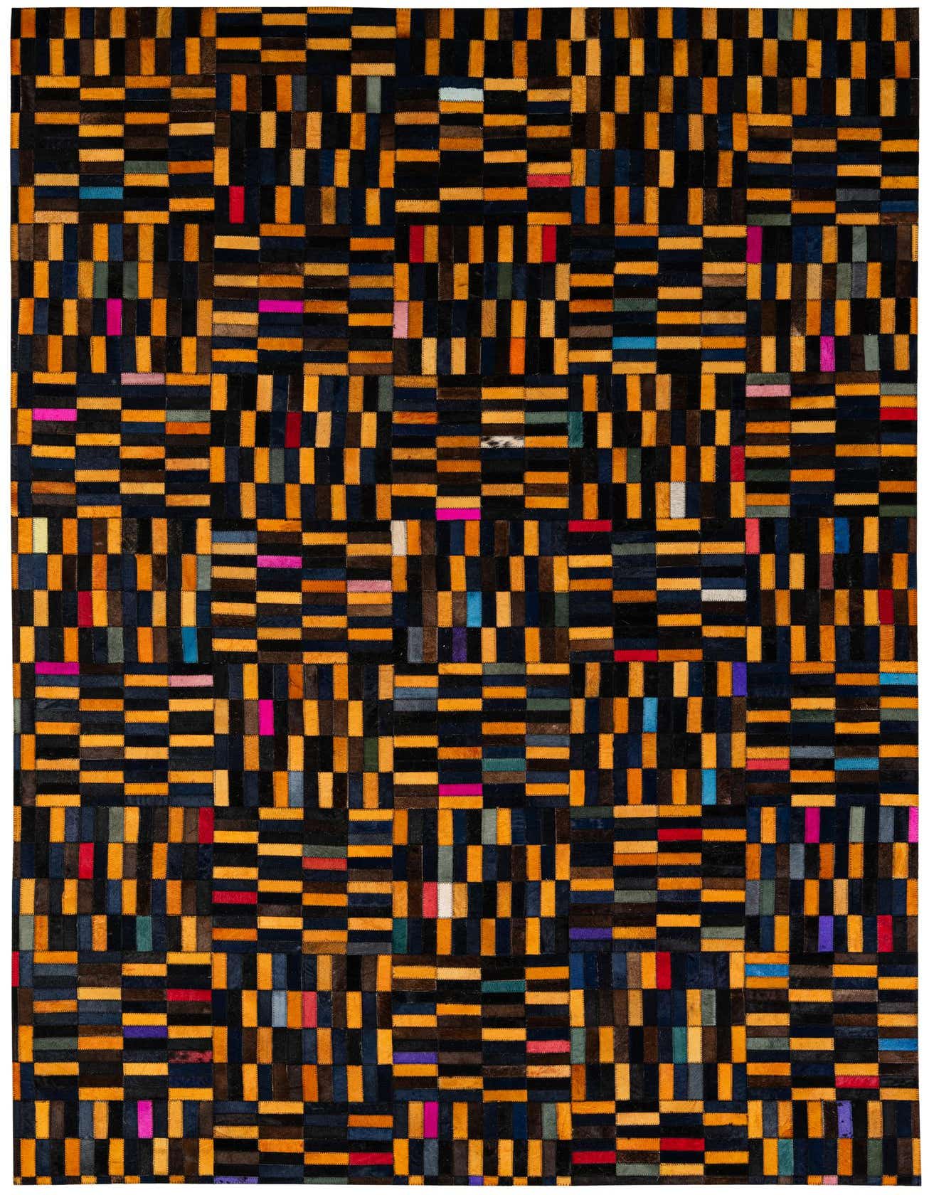 A 5x8 rectangular multi-colored cowhide rug featuring a modern patchwork stripe pattern with black, orange, and various bright accent colors.