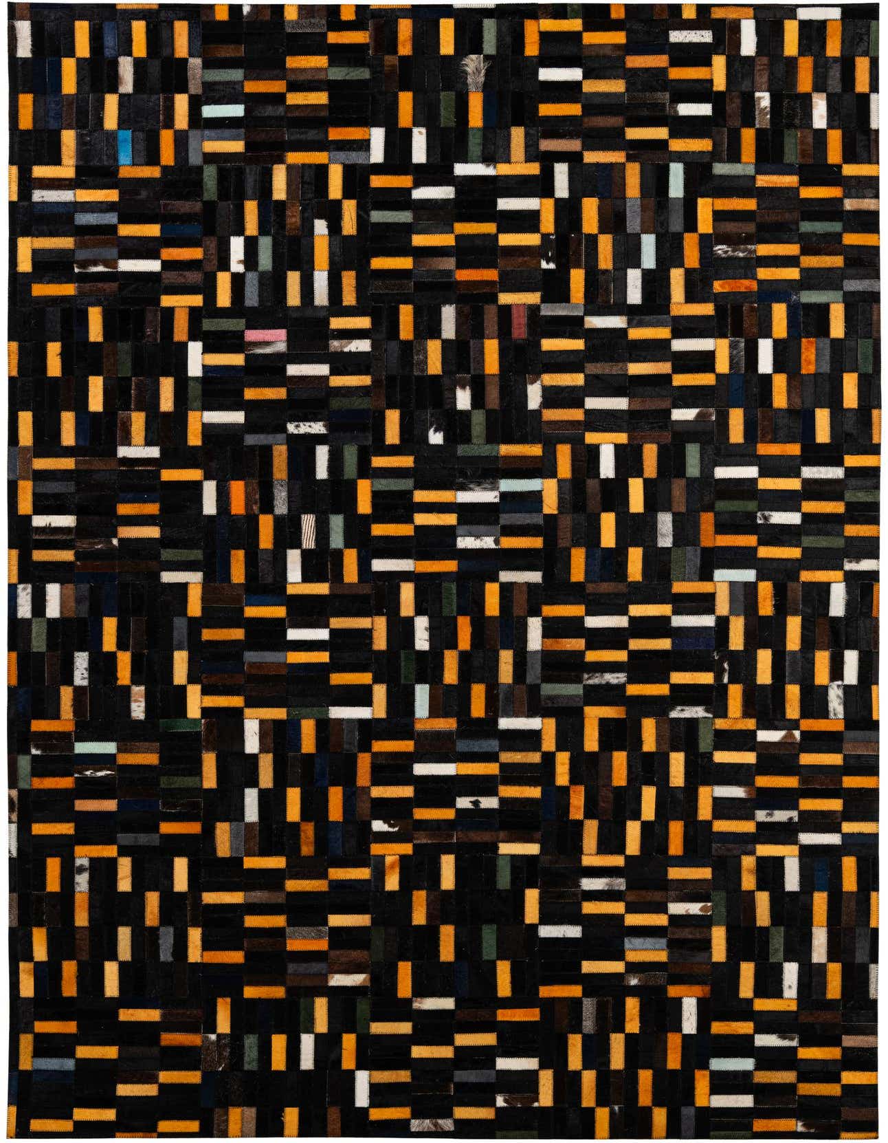 A 5x8 rectangular cowhide rug featuring a modern patchwork of black, orange, white, and multi-colored stripes.