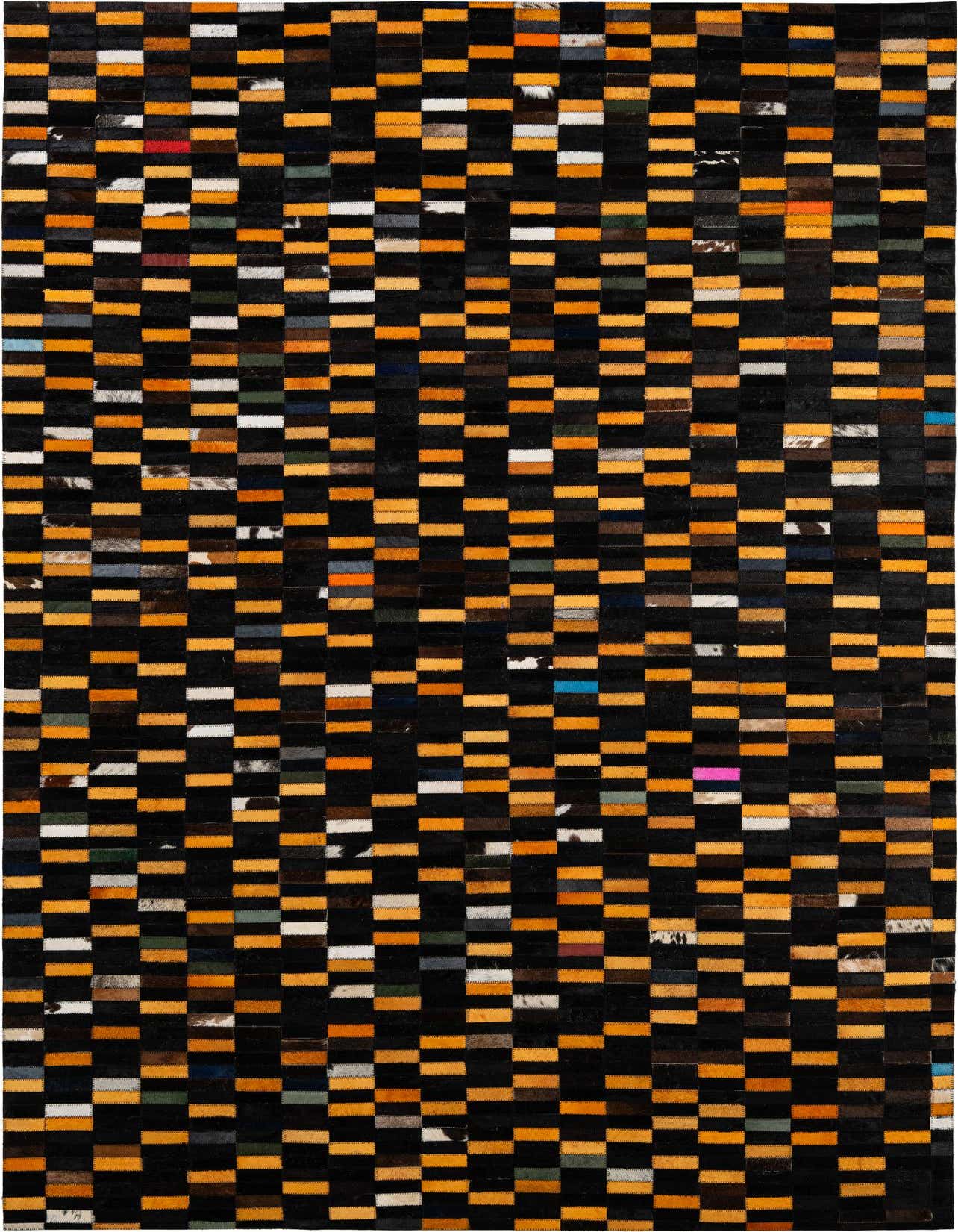 A 5x8 rectangular Cowhide & Leather rug with a modern stripe pattern in multi-colored patches, ideal for a living room.