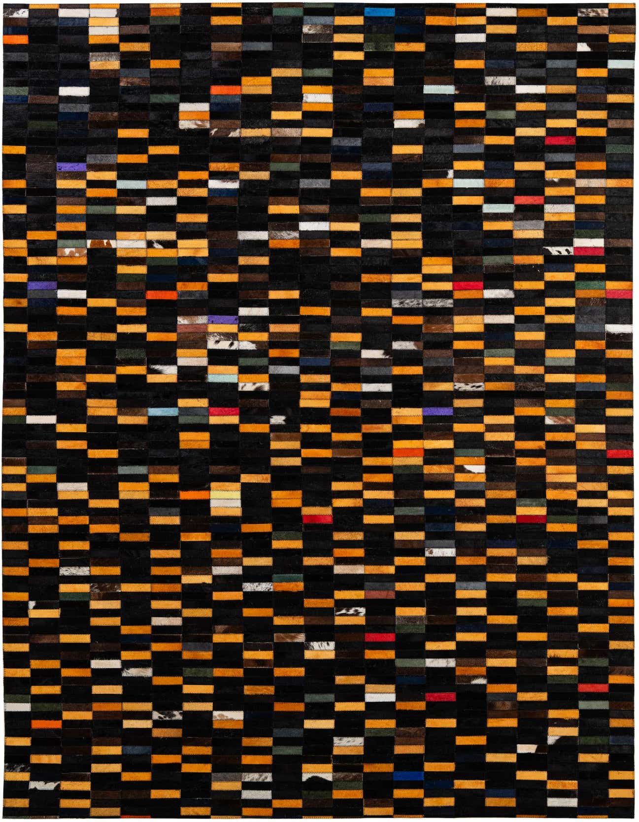 A 5x8 rectangular Cowhide Patchwork rug featuring a modern stripe pattern in multi-colored hues, ideal for a living room.