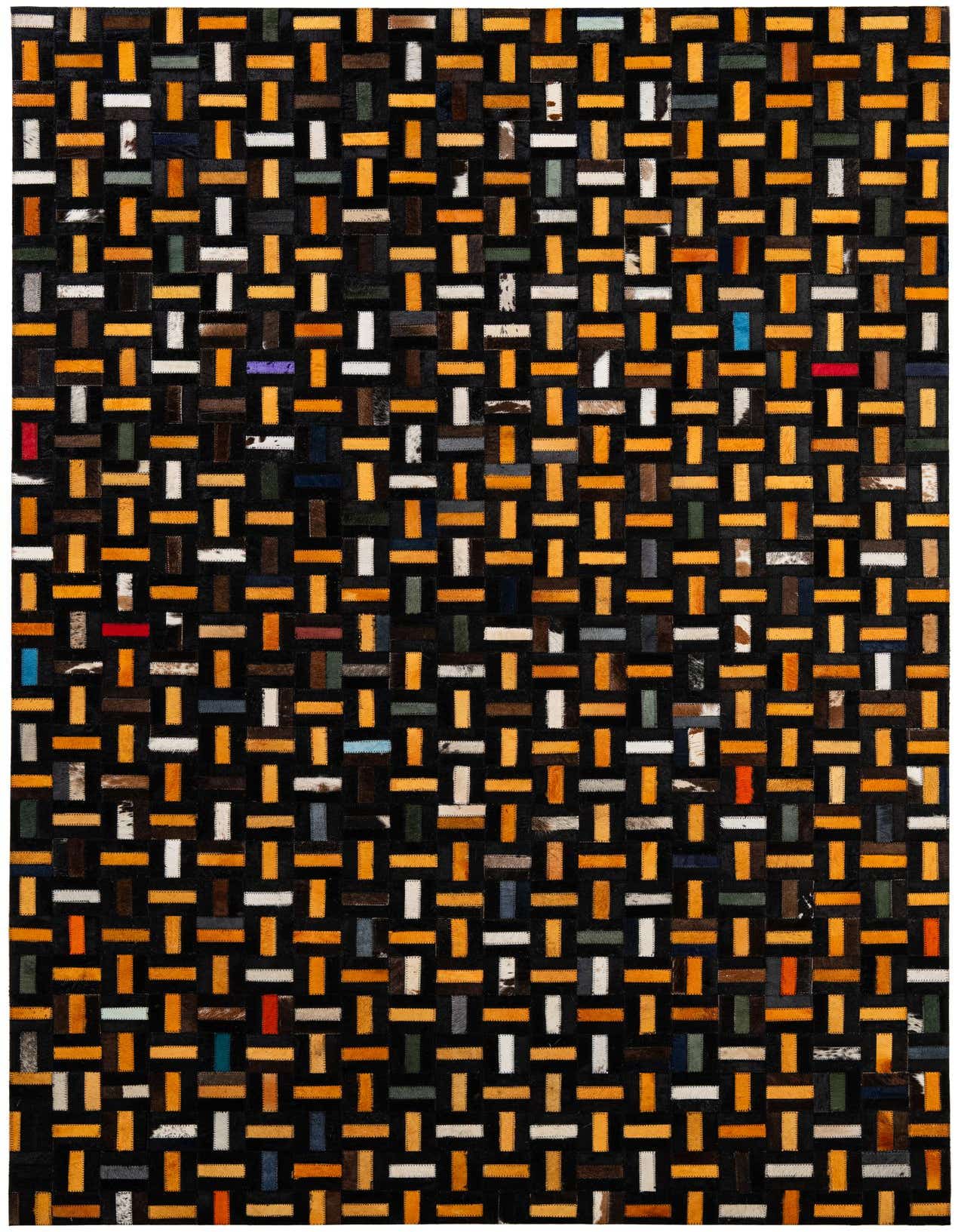 A 5x8 rectangular Cowhide - Patchwork rug featuring a modern, multi-colored stripe pattern with various hues of orange, brown, white, and subtle blues and greens, ideal for a living room.