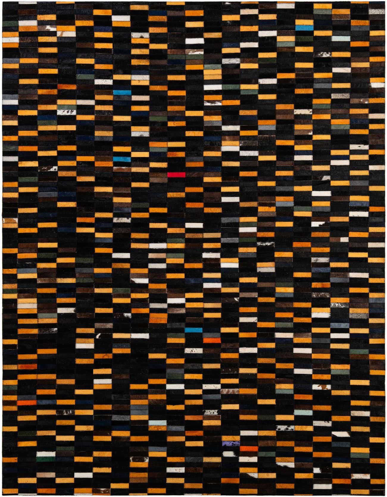 A 5x8 rectangular, multi-colored modern cowhide rug with a striped patchwork pattern, featuring black, orange, and various accent color rectangles.