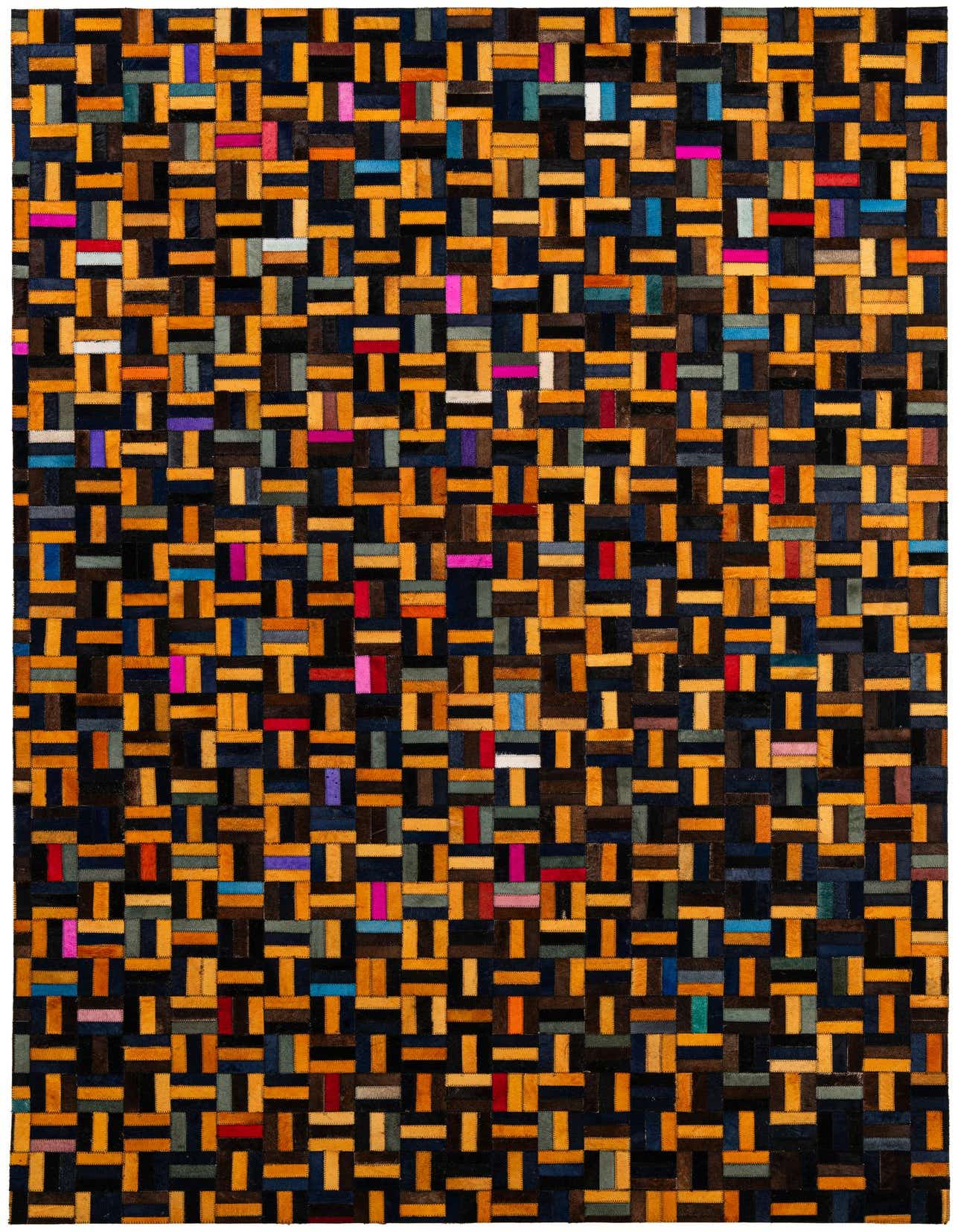 A 5x8 multi-colored rectangular modern rug made from cowhide and leather, featuring a patchwork stripe pattern.