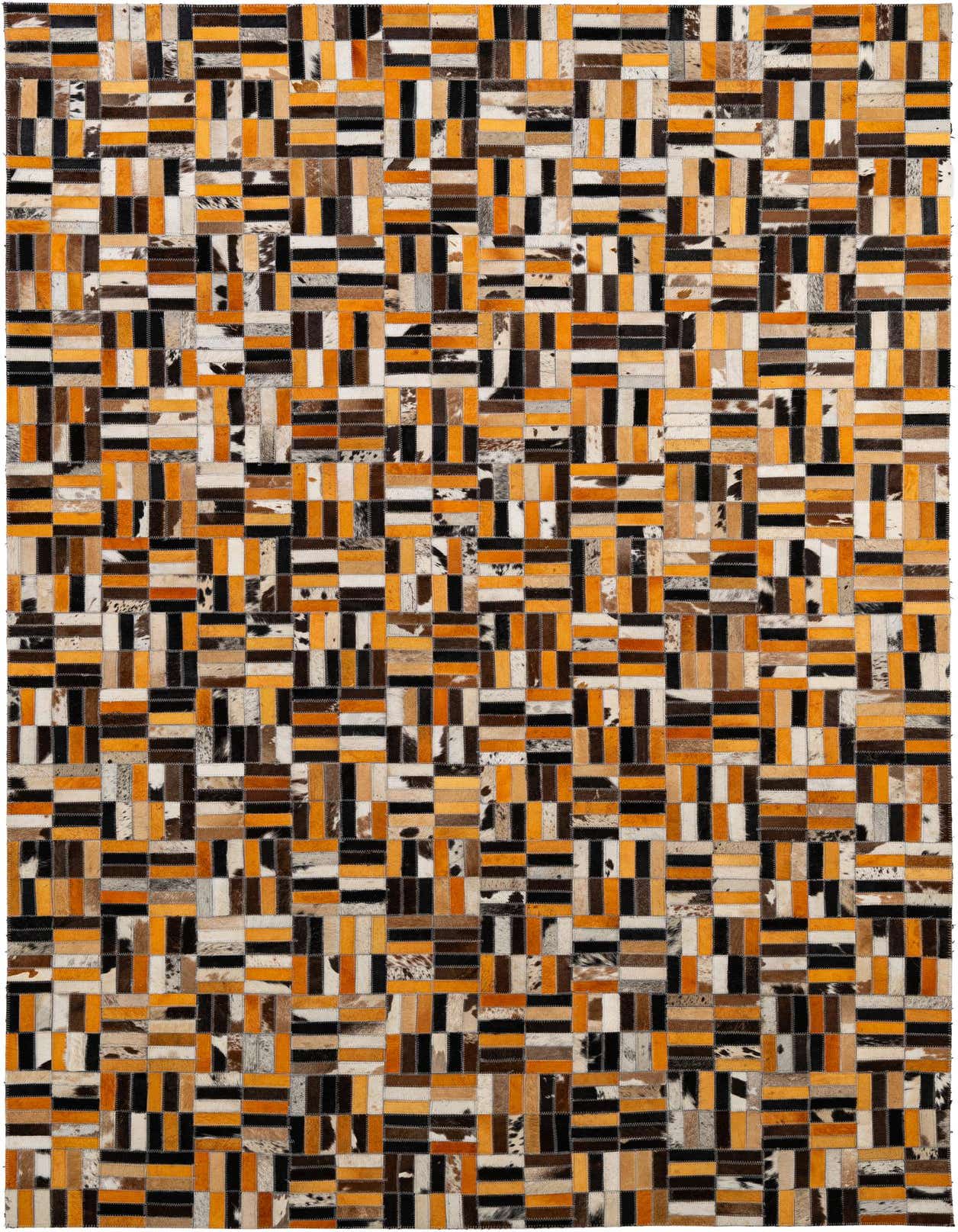 A rectangular 5x8 patchwork cowhide rug with a modern stripe pattern in multi-colored shades of brown, black, white, and orange.