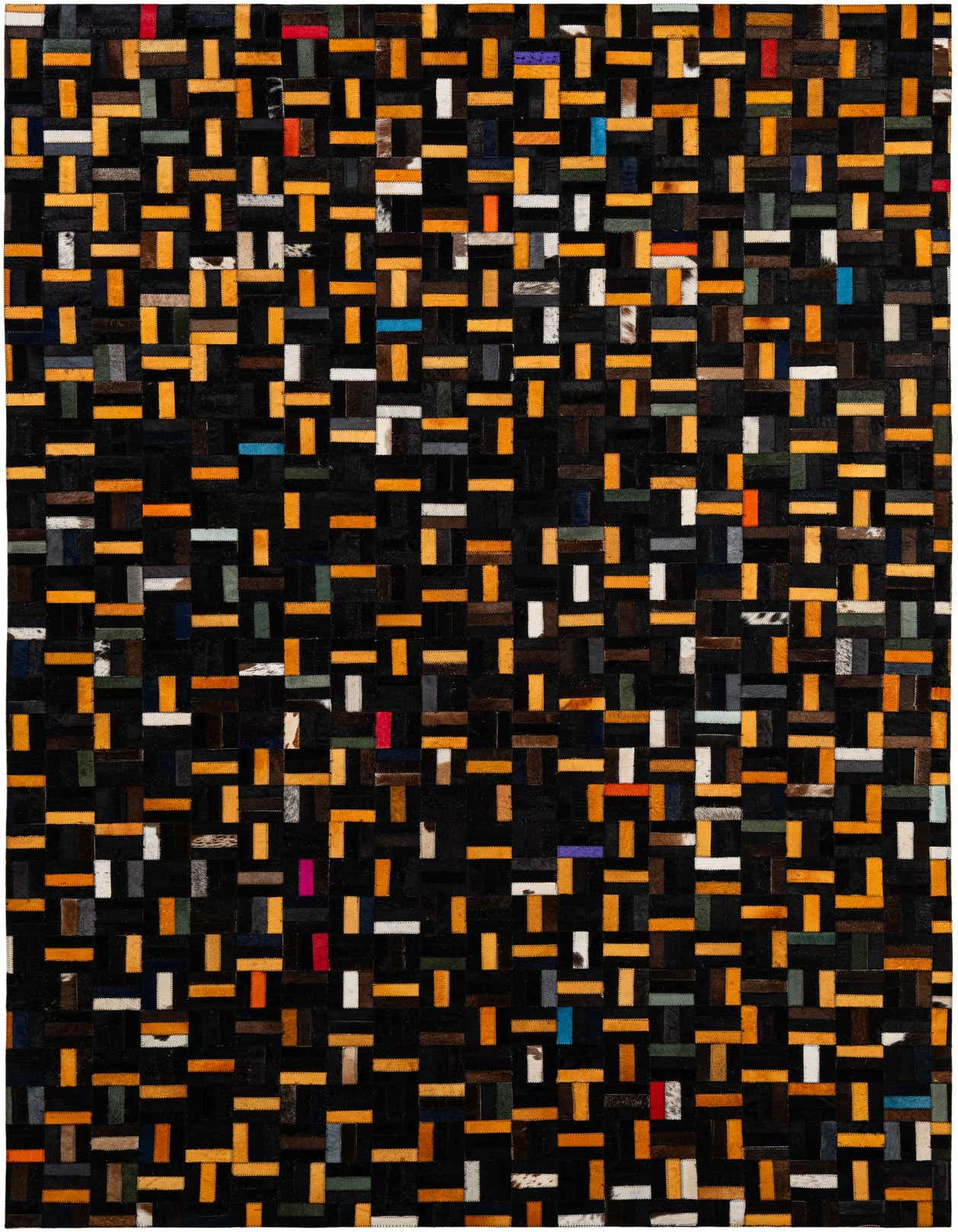 A 5x8 rectangular Cowhide Patchwork rug with a modern, multi-colored geometric pattern on a dark background.