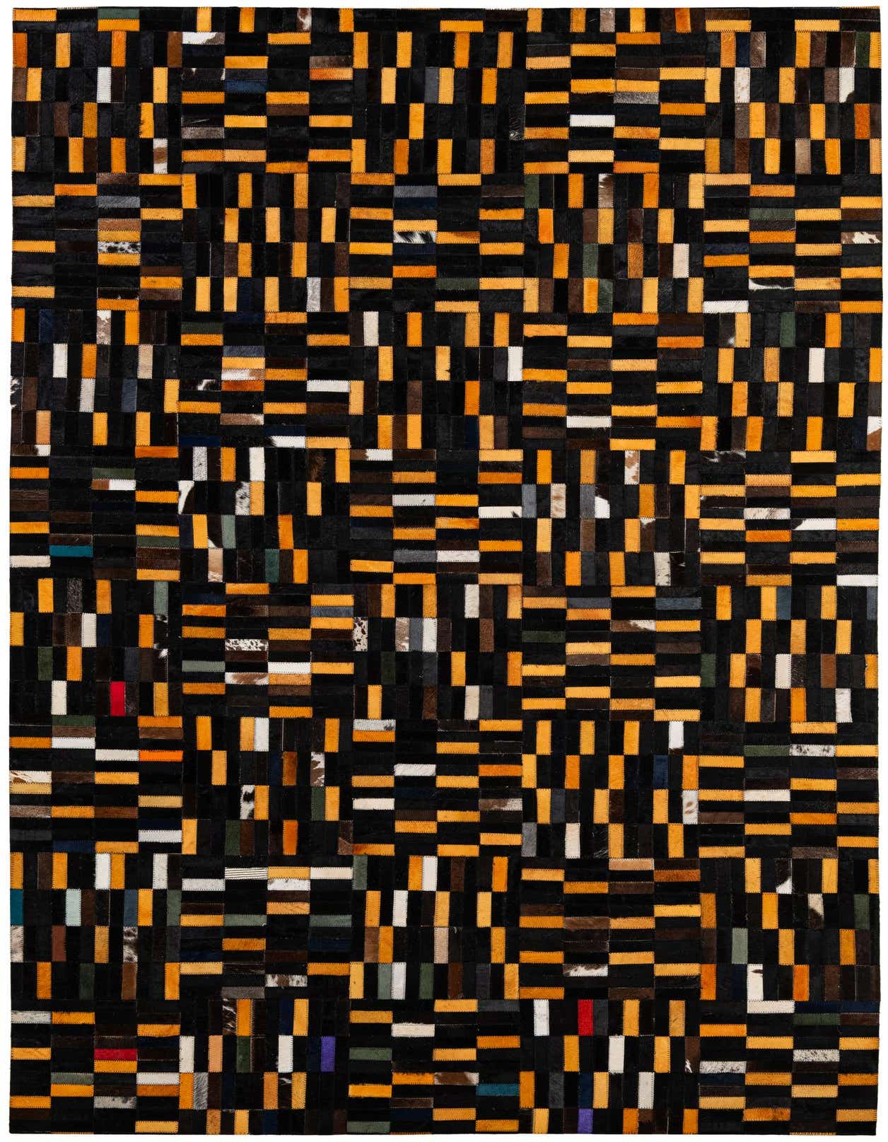 A rectangular 5x8 multi-colored patchwork cowhide rug featuring a modern stripe pattern in black, orange, and various accent colors.