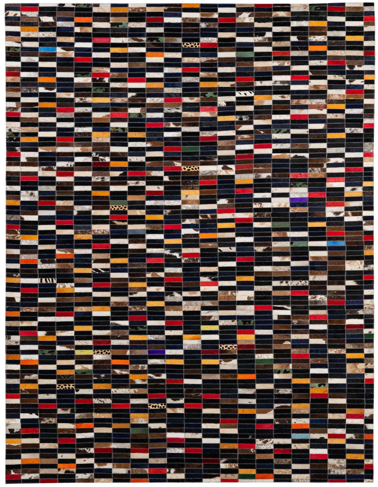 A 5x8 rectangular Cowhide Patchwork rug featuring a modern stripe pattern with multi-colored squares of cowhide and leather.