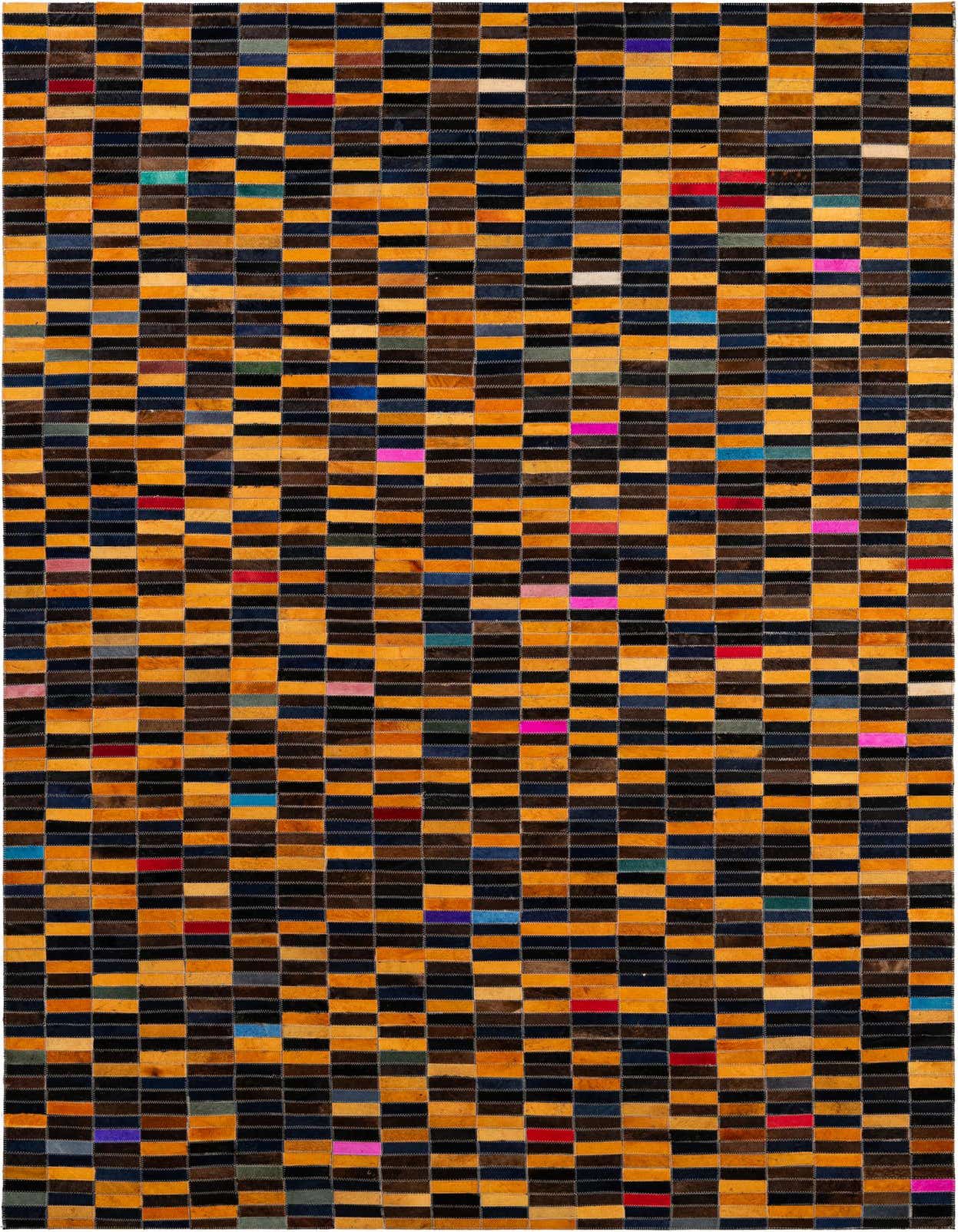 A 5x8 rectangular Cowhide Patchwork rug featuring a modern pattern of multi-colored rectangles, primarily gold and dark brown, with occasional bright accent colors.