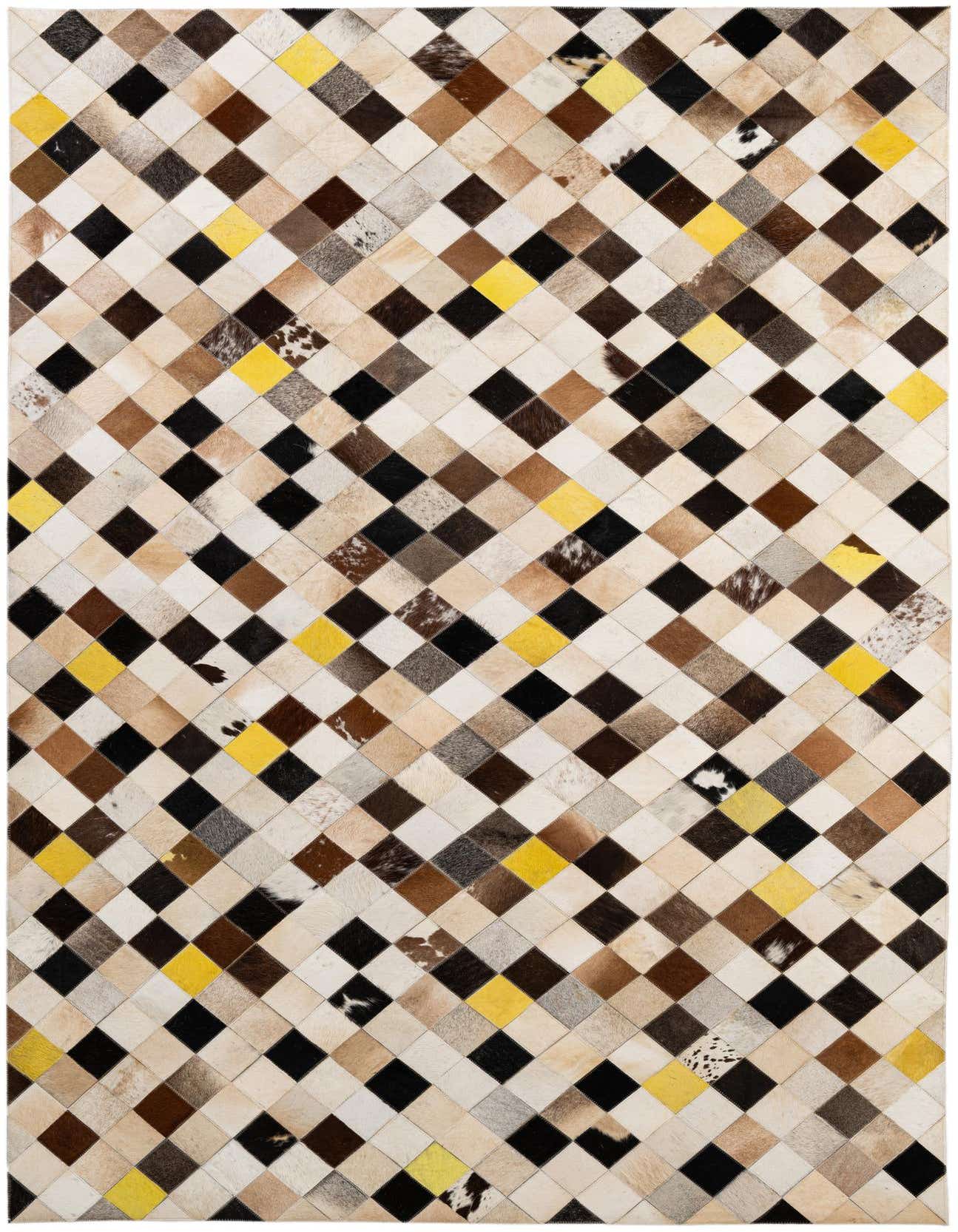 A 5x8 rectangular Cowhide Patchwork rug featuring a modern pattern of multi-colored diamond-shaped patches in various shades of brown, black, cream, and yellow.