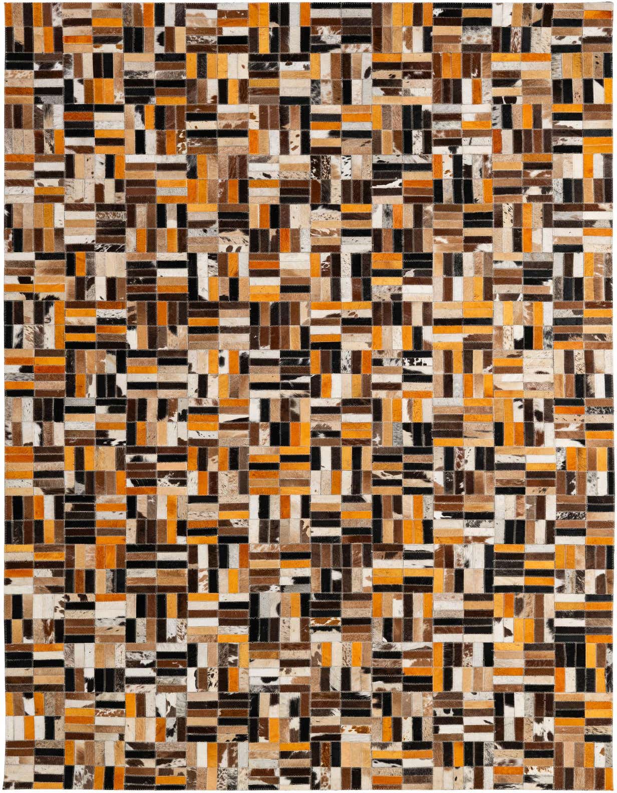 A 5x8 rectangular Cowhide Patchwork rug featuring a modern stripe pattern in multi-colored brown, black, white, and orange tones.