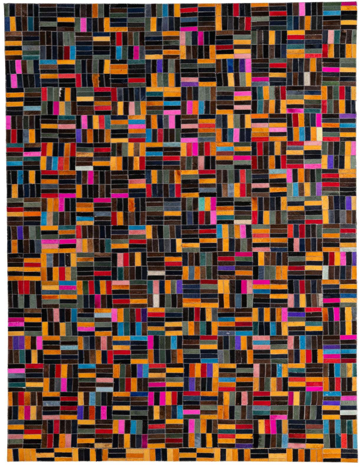 A 5x8 rectangular Cowhide - Patchwork rug featuring a modern multi-colored design with various sized rectangular patches in shades of black, brown, red, orange, yellow, blue, pink, and purple.