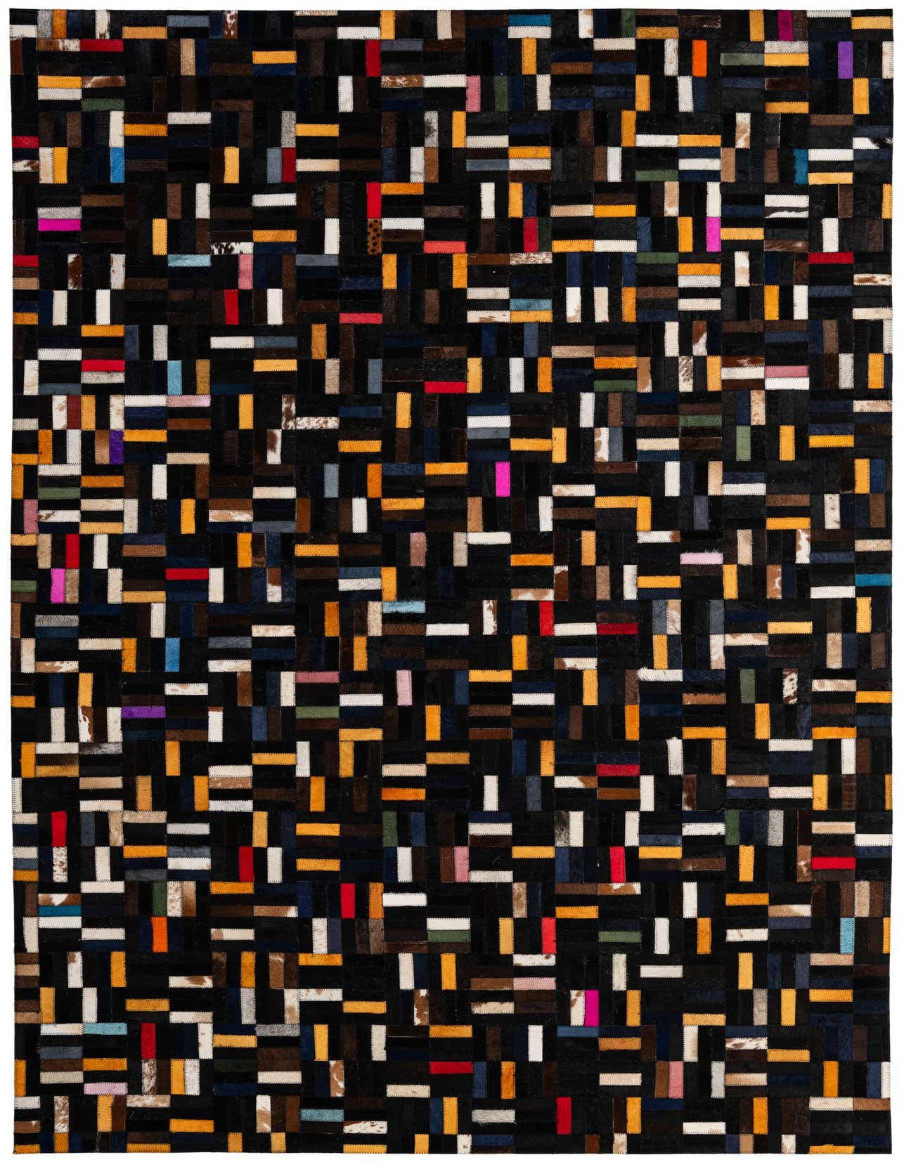 A 5x8 rectangular Cowhide Patchwork rug featuring a modern stripe pattern with multi-colored leather and cowhide pieces on a dark background.