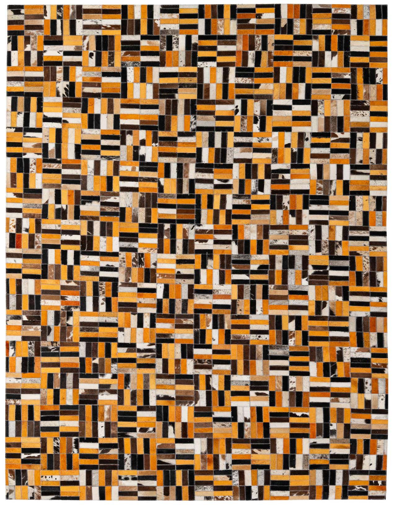 A 5x8 rectangular Cowhide Patchwork rug featuring a modern stripe pattern in multi-colored hues of orange, black, white, and brown.