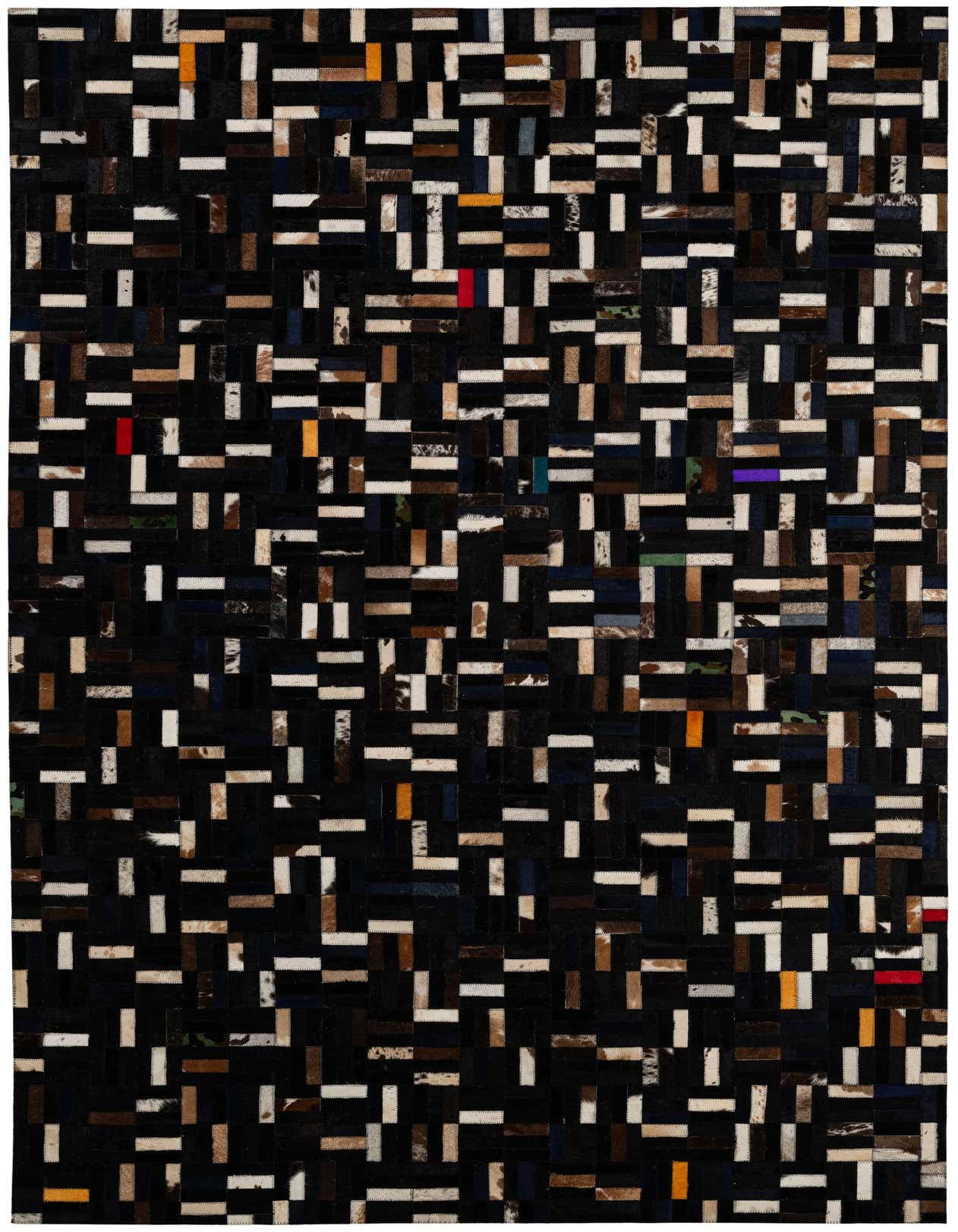 A 5x8 rectangular Cowhide Patchwork rug featuring a modern multi-colored stripe pattern with black, white, brown, and subtle colorful accents.