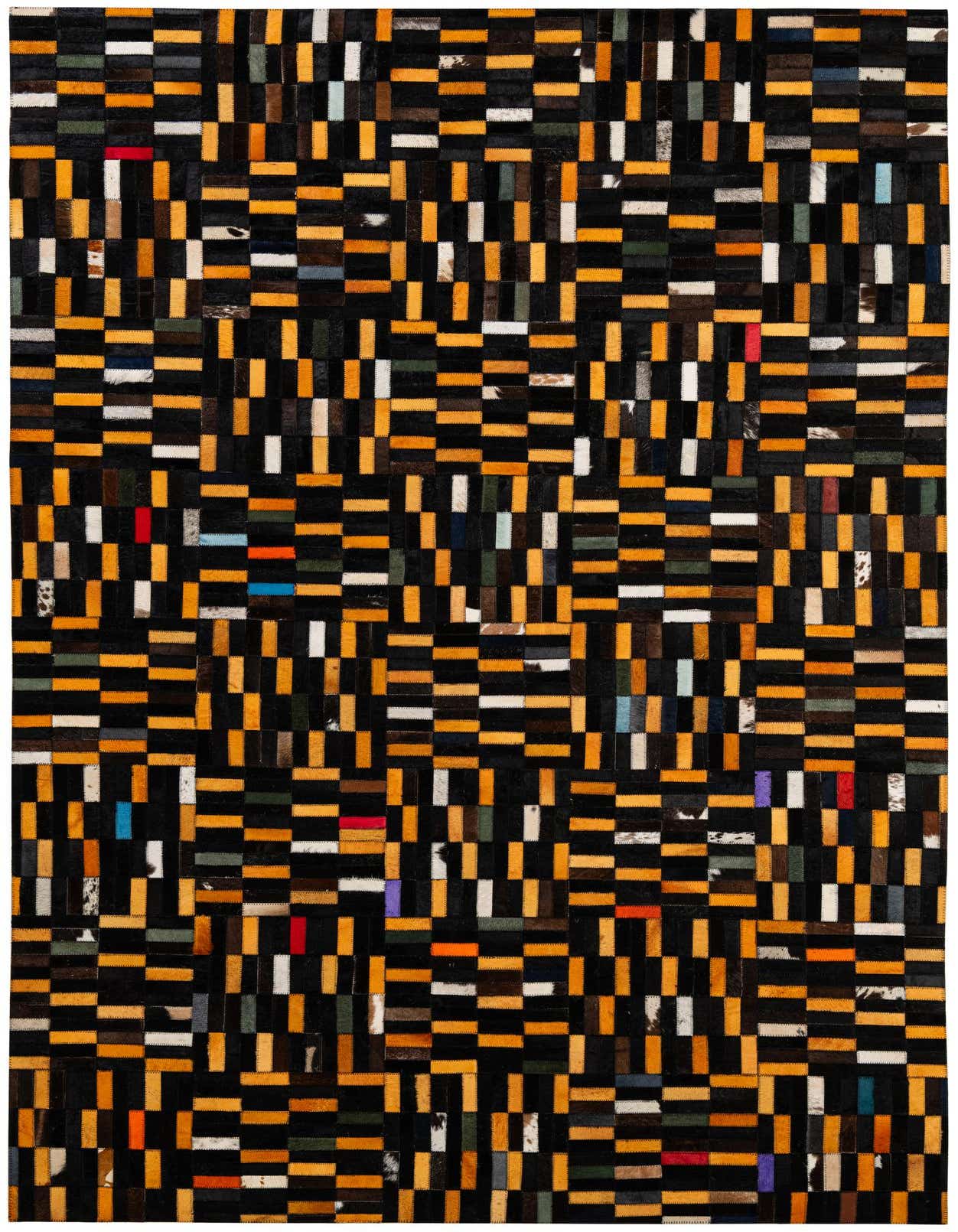 A 5x8 rectangular Cowhide Patchwork rug featuring a modern stripe pattern in multi-colored hues, ideal for a living room.