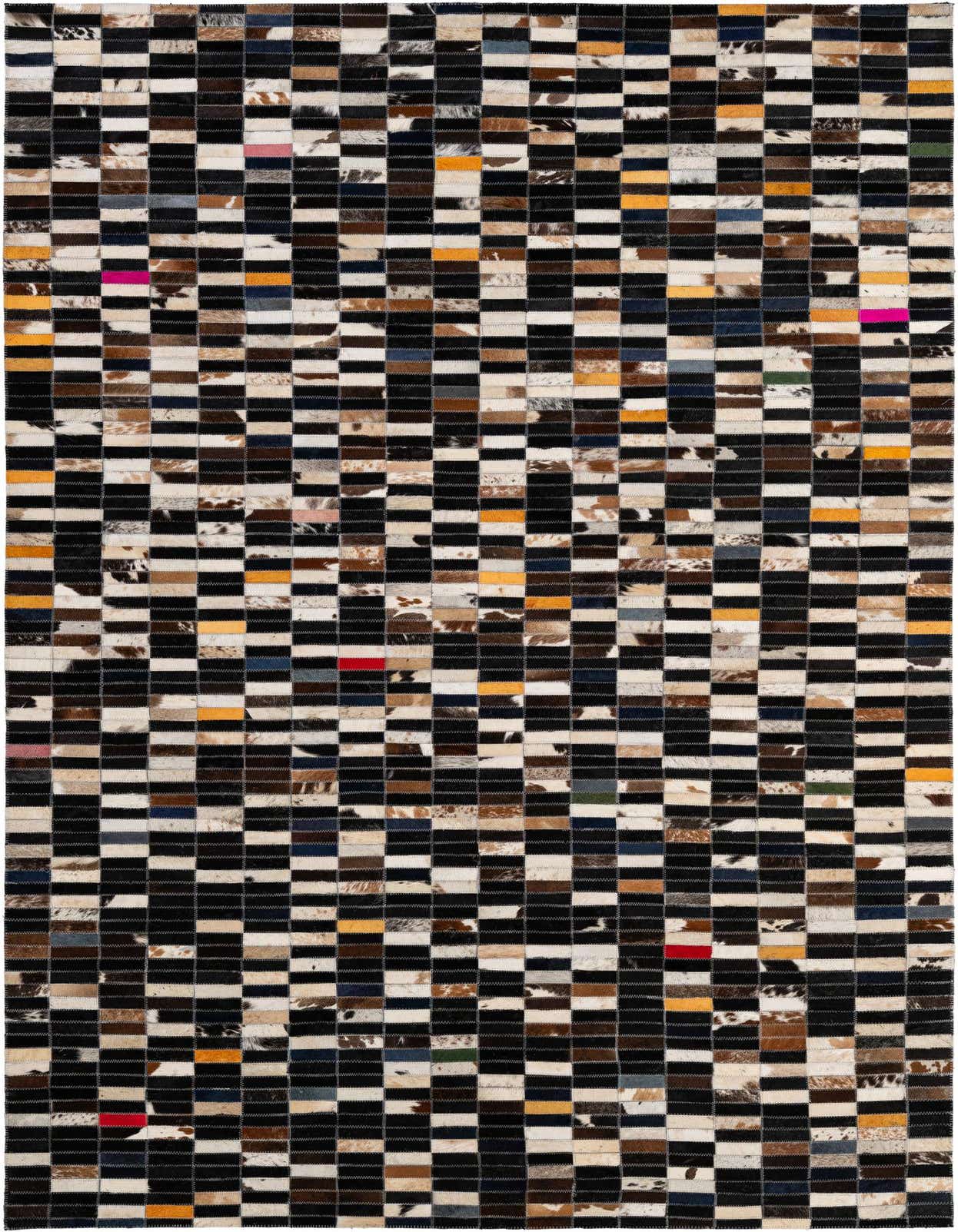A 5x8 rectangular Cowhide Patchwork rug featuring a modern stripe pattern in multi-colored hues.