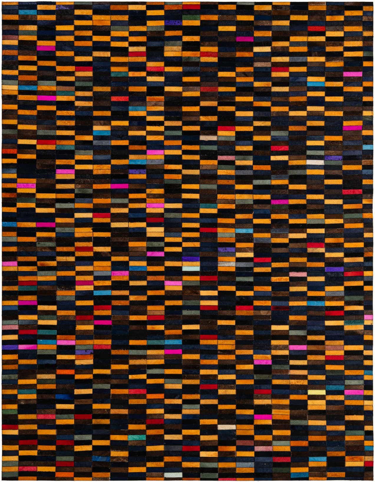 A 5x8 rectangular Cowhide - Patchwork rug featuring a modern pattern of multi-colored rectangular patches, ideal for a living room.