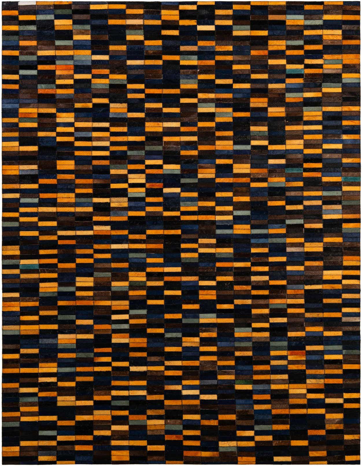 A 5x8 rectangular Cowhide Patchwork rug featuring a modern stripe pattern in multi-colored hues, ideal for a living room.