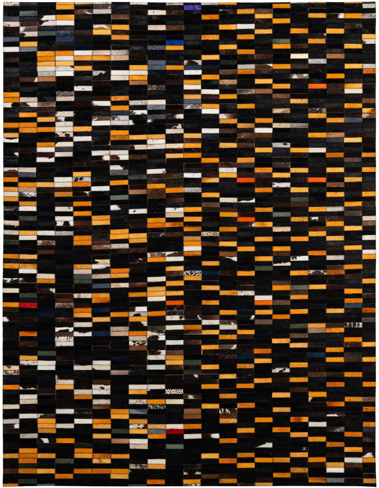 A rectangular 5x8 multi-colored modern cowhide rug with a patchwork stripe pattern in black, orange, and various natural hide tones.