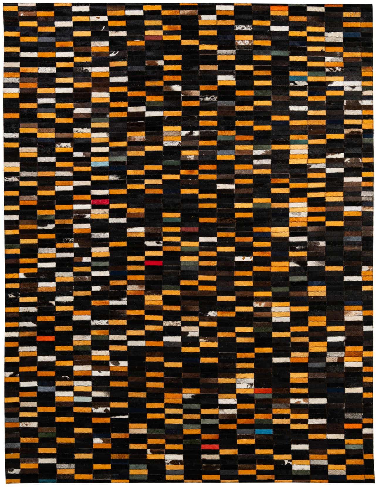 A rectangular 5x8 multi-colored cowhide rug featuring a modern stripe patchwork design, ideal for a living room.