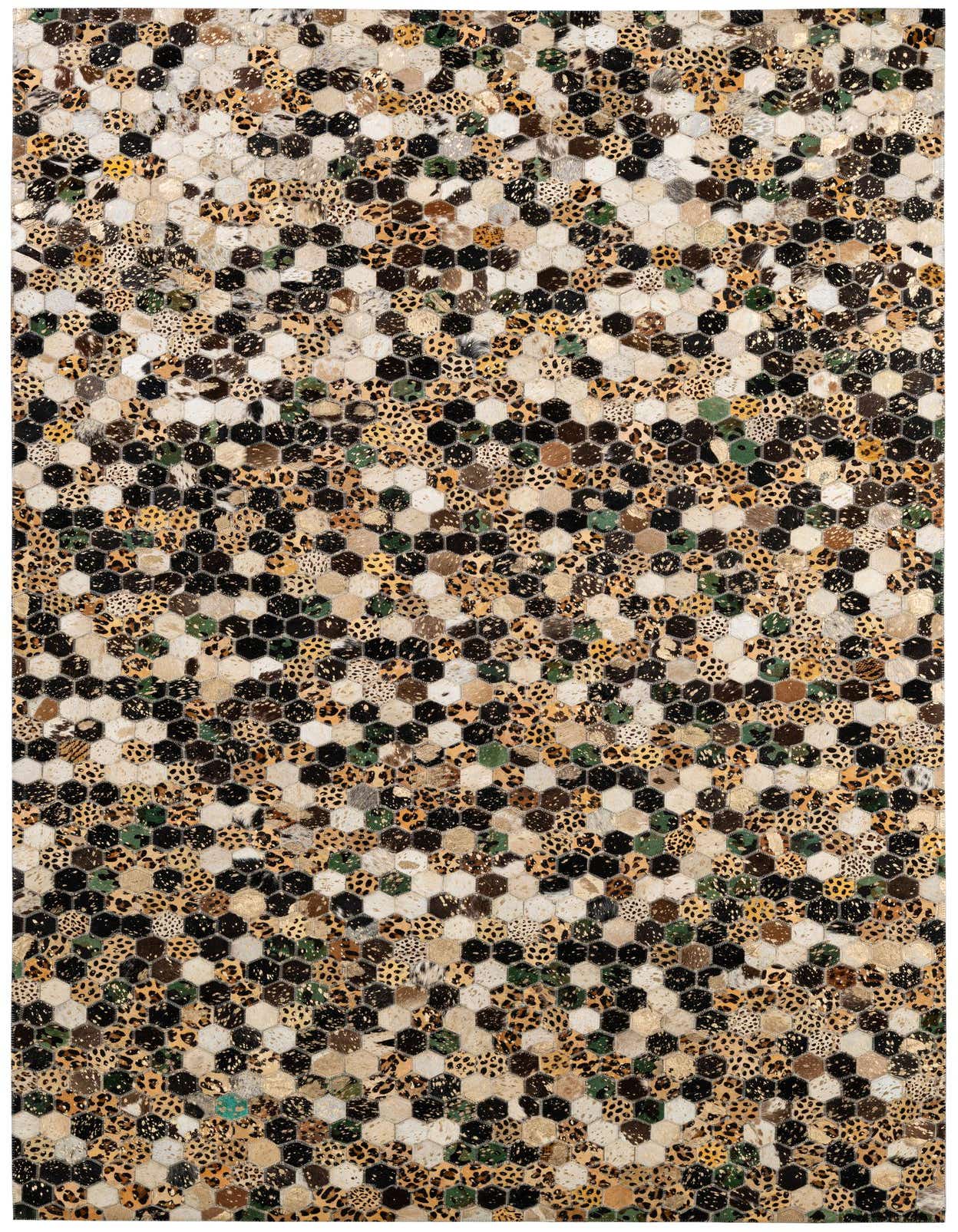 A rectangular 5x8 multi-colored modern rug featuring a patchwork of hexagonal cowhide pieces in various animal prints and solid colors.