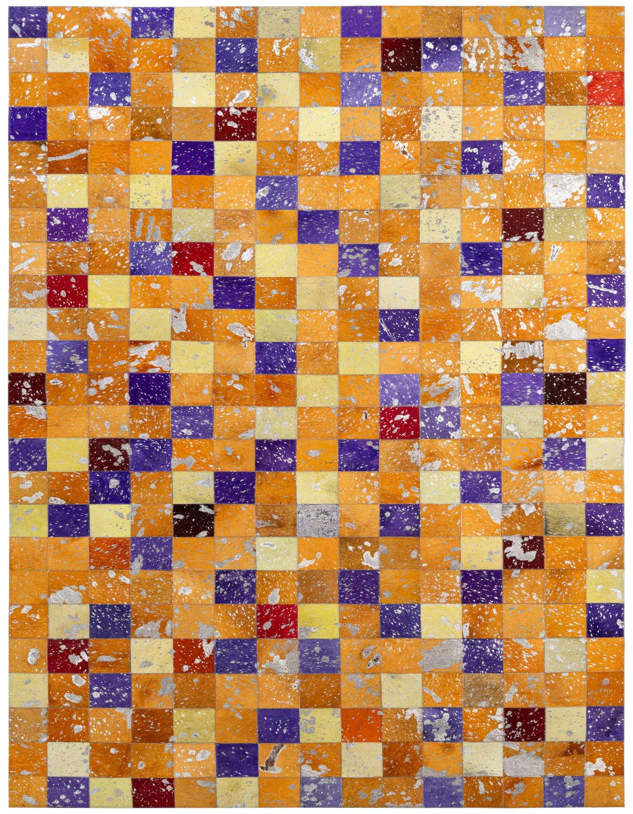 A 5x8 rectangular Cowhide Patchwork rug featuring a vibrant multi-colored modern checkerboard pattern with metallic silver accents.