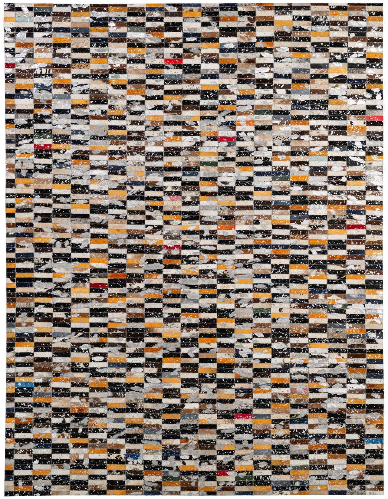 A 5x8 rectangular Cowhide Patchwork rug with a modern stripe pattern in multi-colored hues, perfect for a living room.