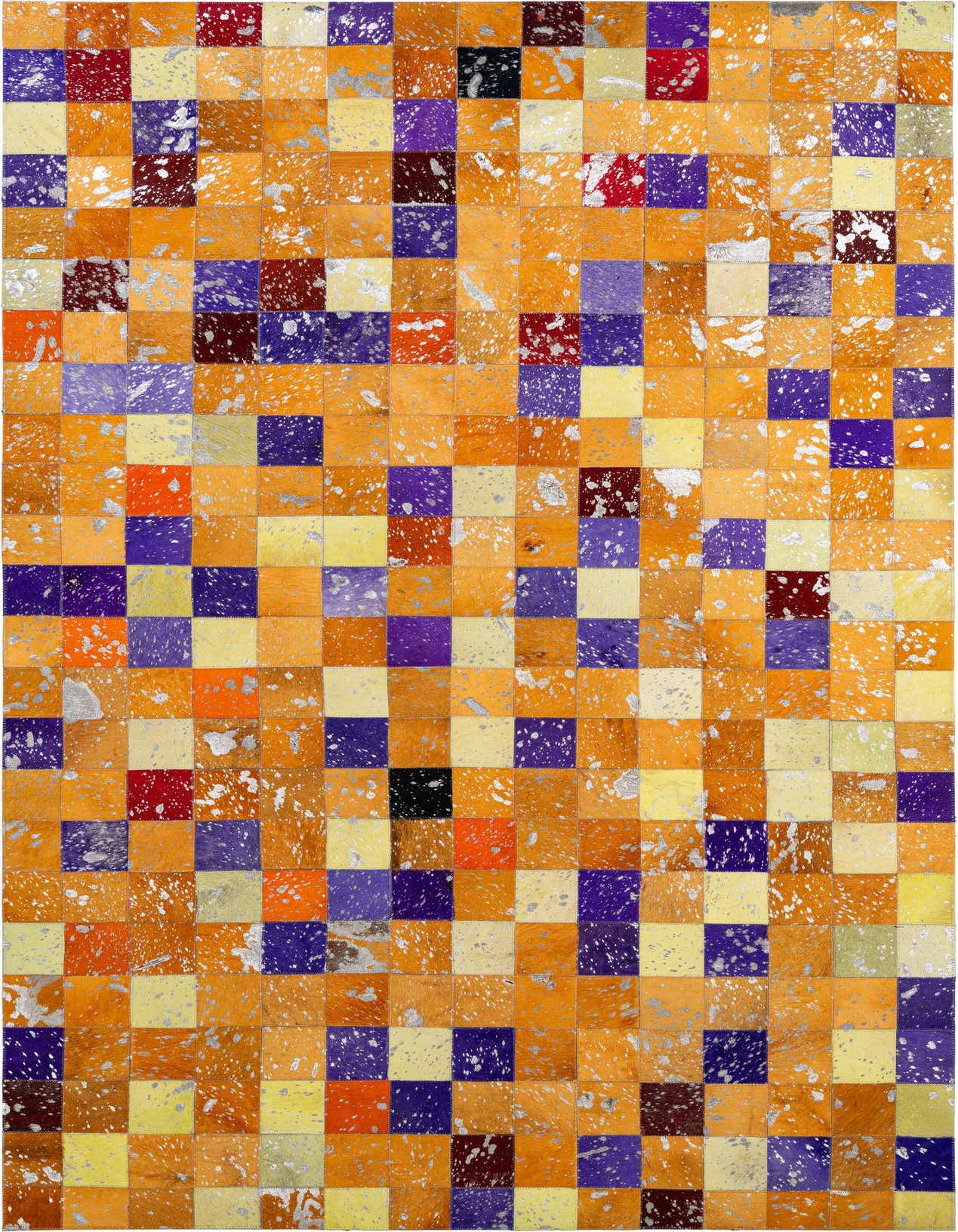 A 5x8 rectangular modern patchwork cowhide rug featuring multi-colored squares with metallic silver speckles.