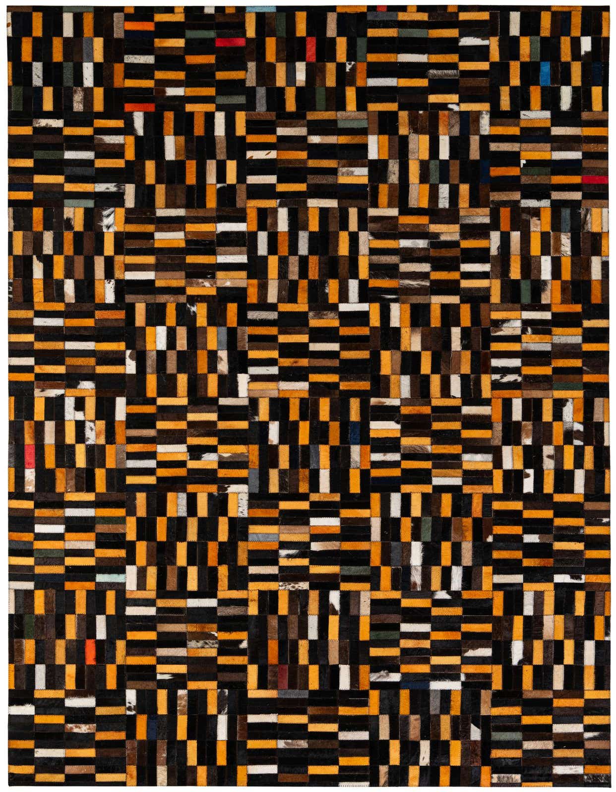 A rectangular 5x8 multi-colored modern cowhide rug with a patchwork design of black, orange, brown, and white rectangular pieces.