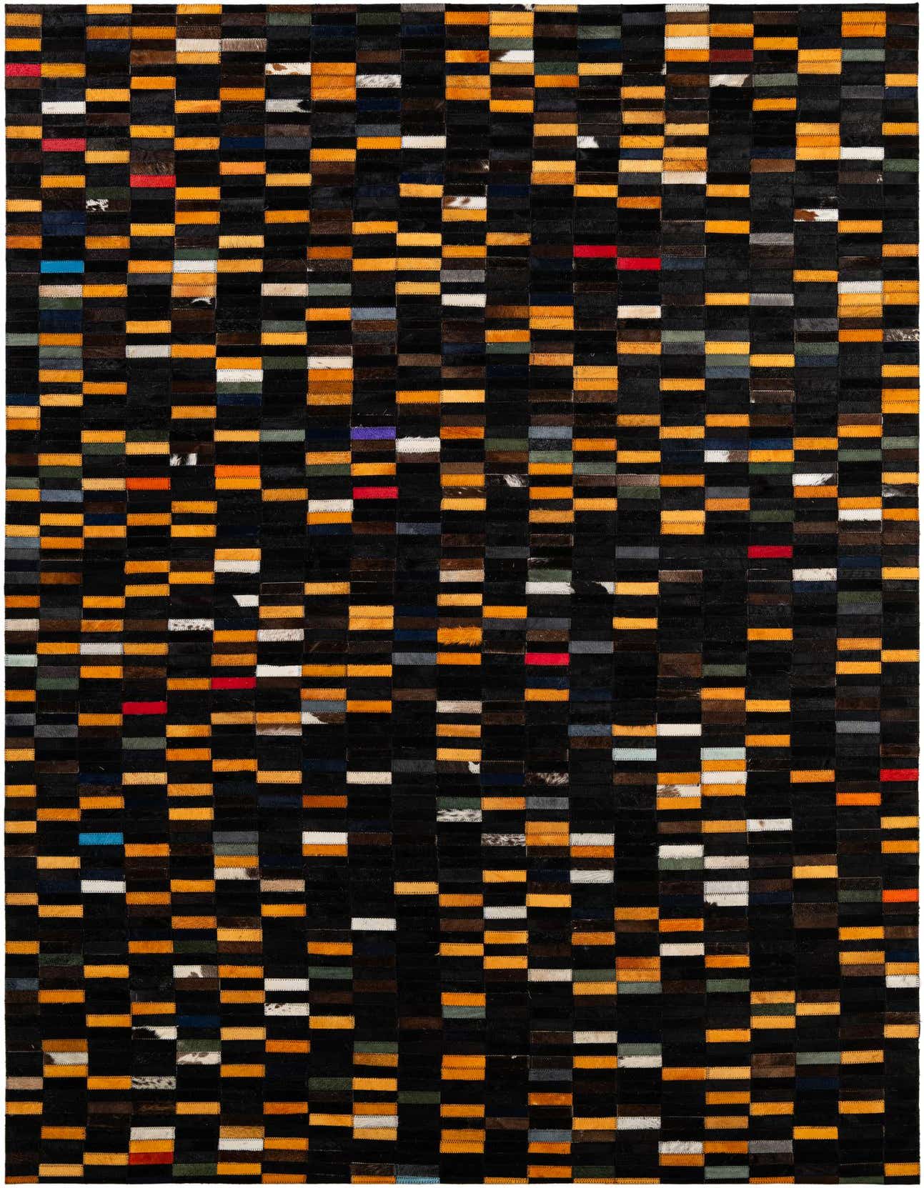 A rectangular 5x8 modern patchwork rug made of cowhide and leather, featuring black, orange, and multi-colored stripes.