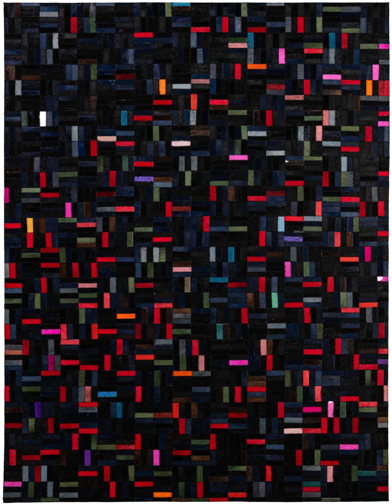 A 5x8 rectangular Cowhide Patchwork rug featuring a modern stripe pattern with multi-colored leather pieces on a dark background.