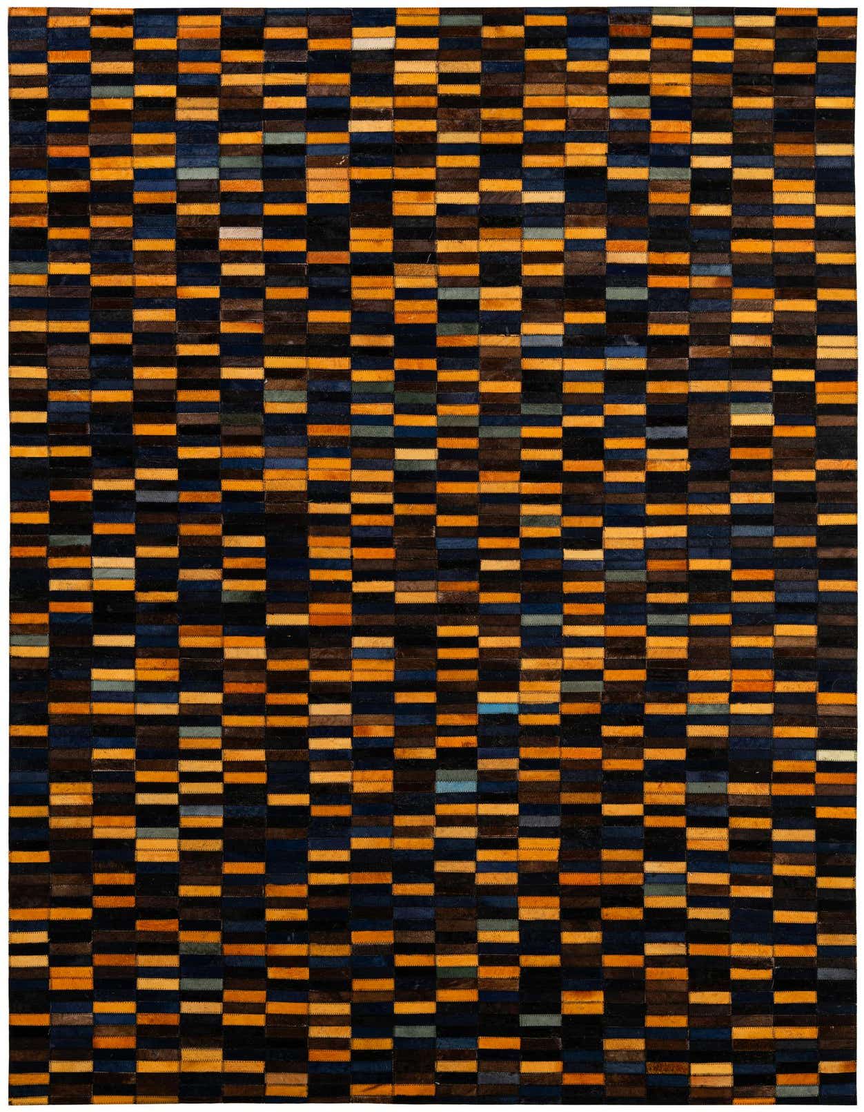 A 5x8 rectangular Cowhide Patchwork rug featuring a modern stripe pattern in multi-colored hues of brown, orange, blue, and black.