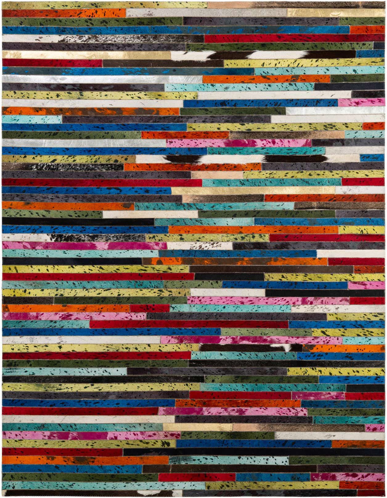 A vibrant 5x8 rectangular Cowhide Patchwork rug featuring horizontal stripes of multi-colored cowhide and leather, showcasing a modern, eclectic style.
