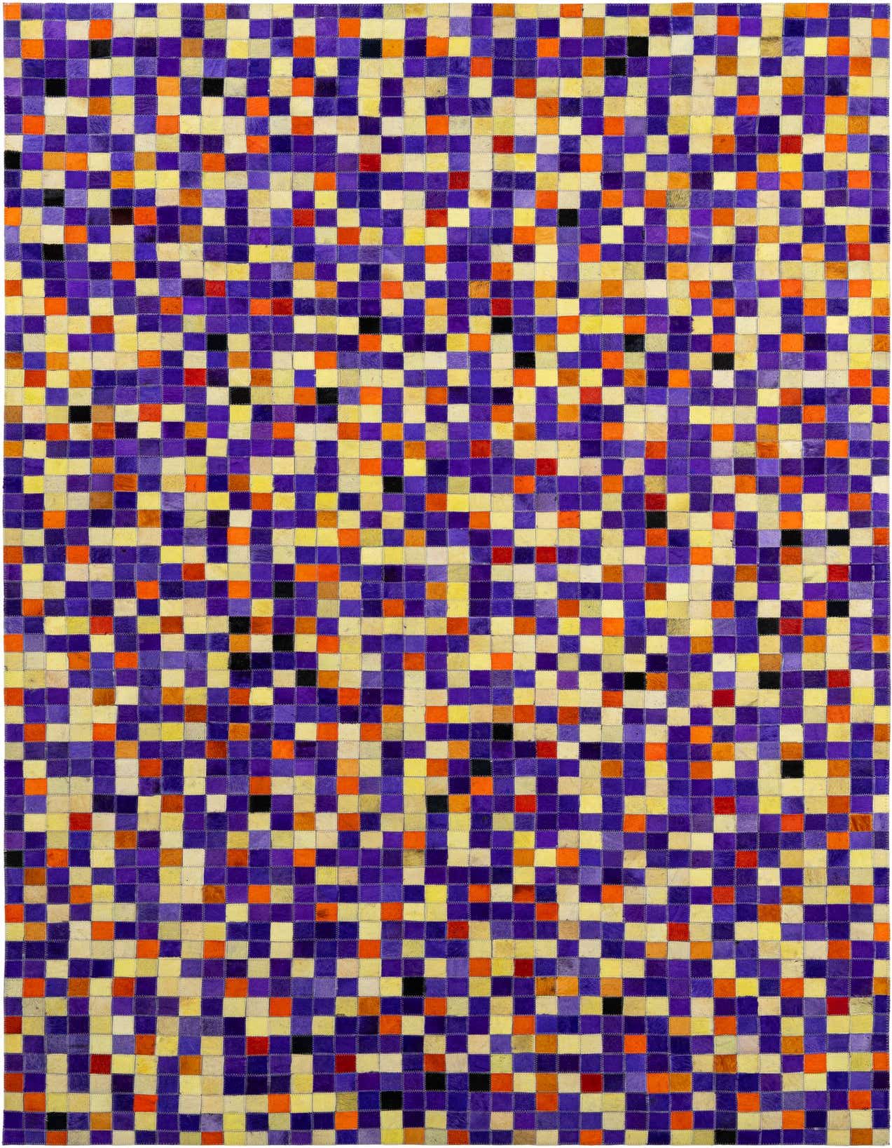 A 5x8 rectangular Cowhide Patchwork rug featuring a modern, multi-colored checkerboard pattern in shades of purple, orange, yellow, and black.