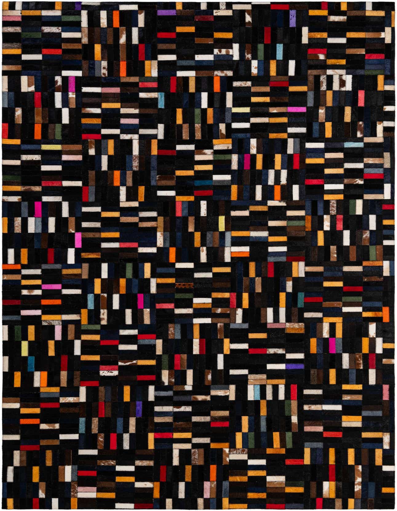 A rectangular 5x8 modern patchwork cowhide rug with multi-colored rectangular pieces on a black background.