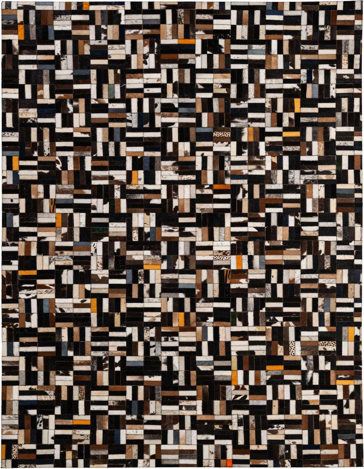 A rectangular 5x8 multi-colored patchwork cowhide rug, featuring a modern stripe pattern with various natural hide tones and some vibrant orange accents.
