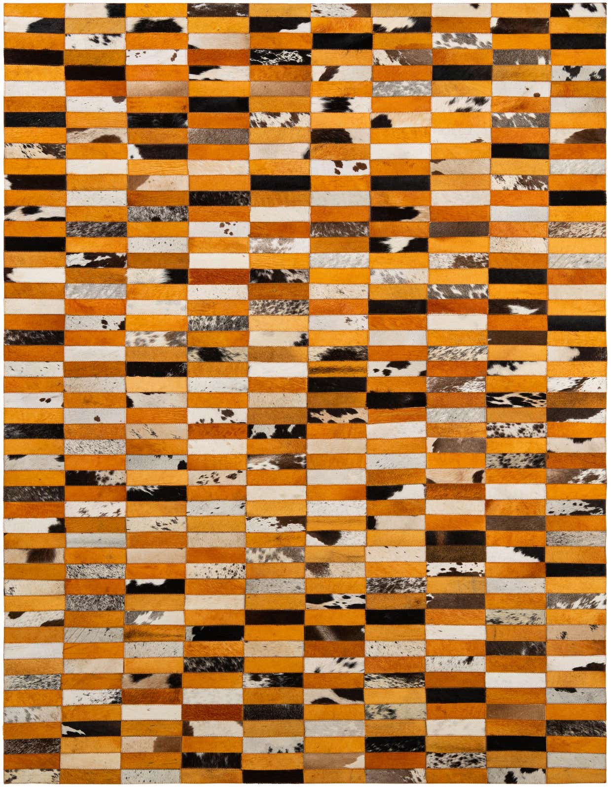 A rectangular 5x8 modern patchwork cowhide rug with multi-colored stripes of orange, black, white, and brown.