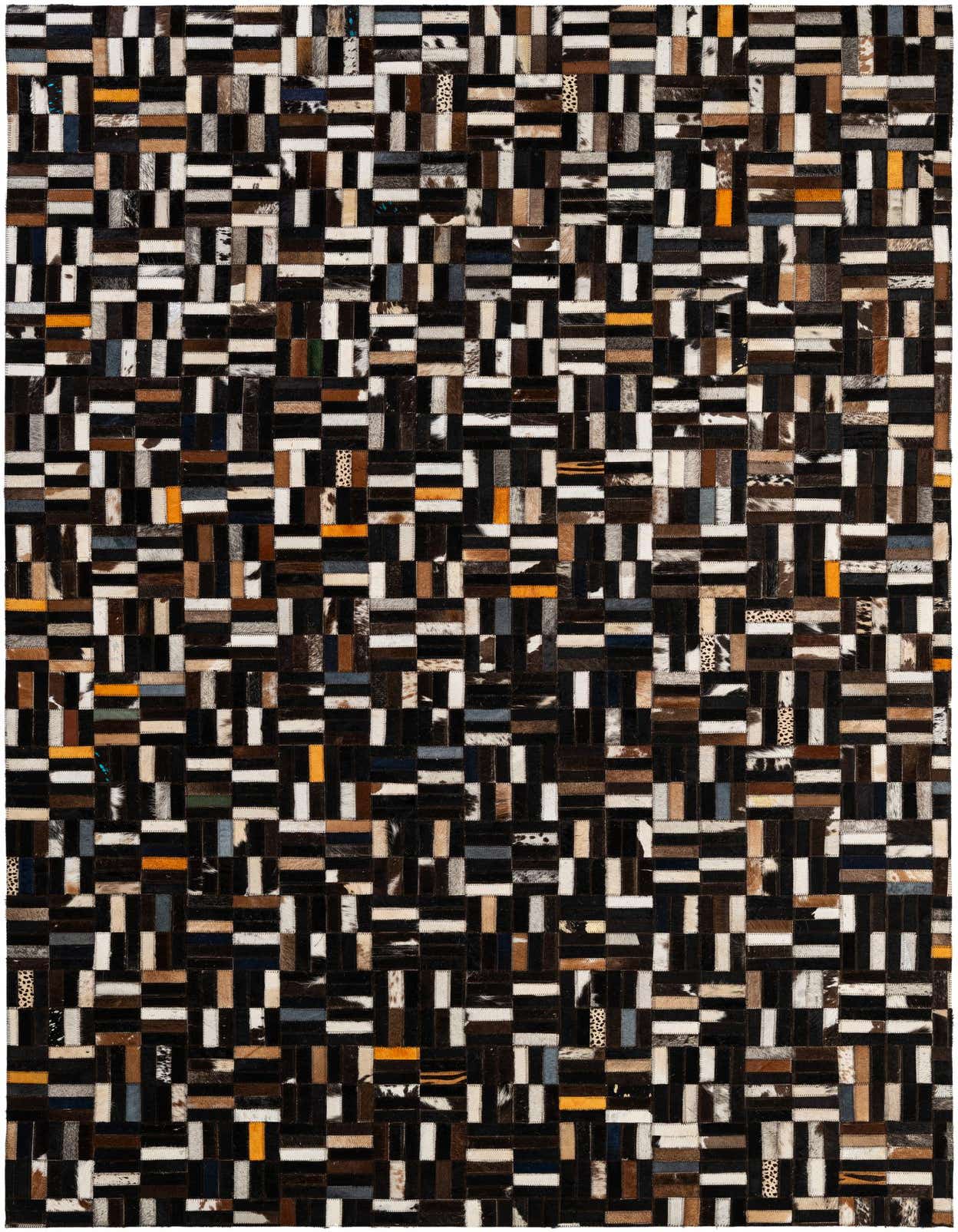 A rectangular 5x8 multi-colored patchwork cowhide rug with a modern stripe pattern, ideal for a living room.