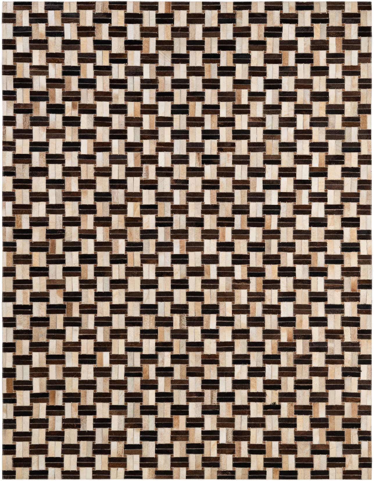 A 5x8 rectangular cowhide rug featuring a modern patchwork stripe pattern in varying shades of brown, black, and cream.