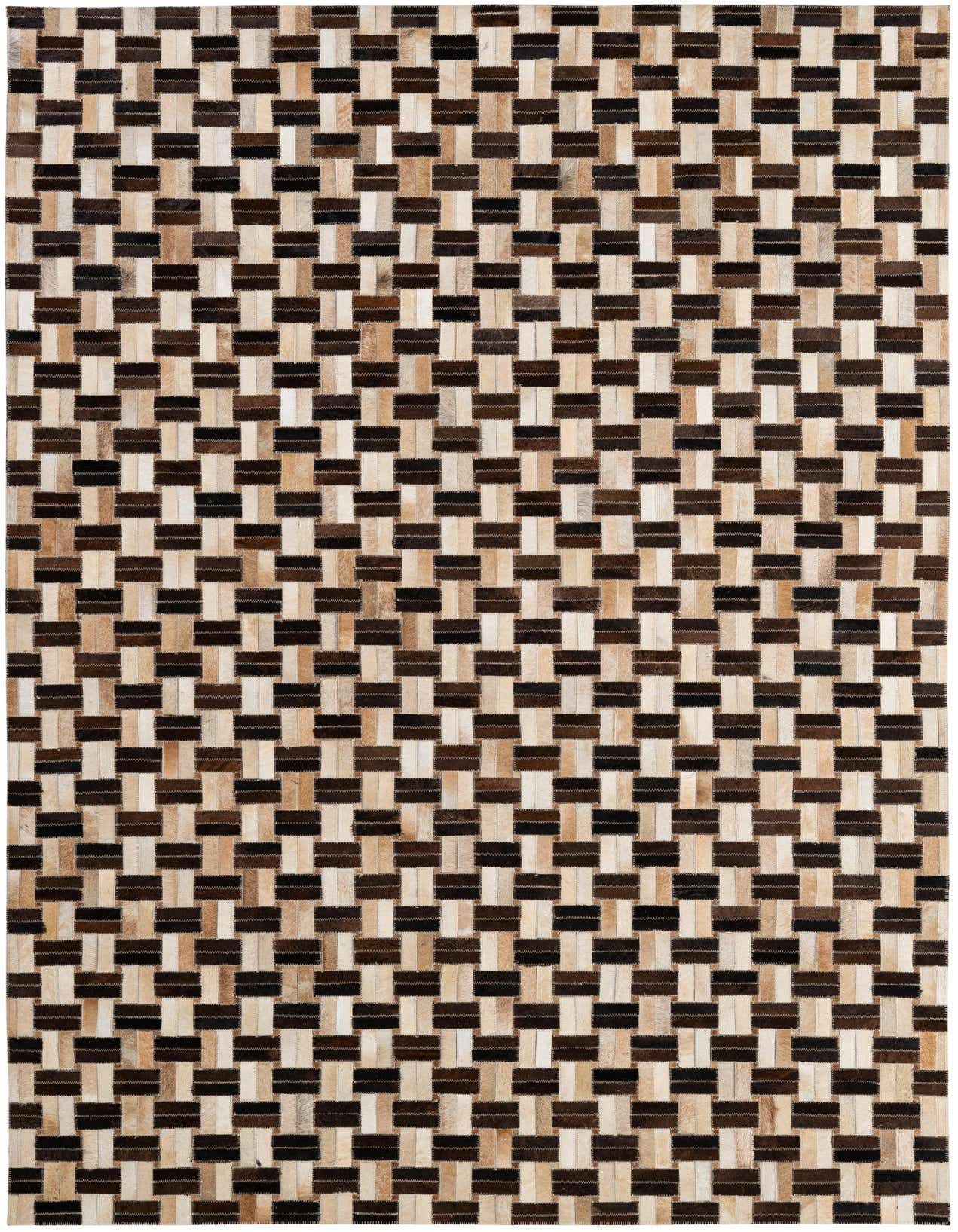 A 5x8 rectangular Cowhide Patchwork rug featuring a modern stripe pattern in multi-colored brown and beige tones.