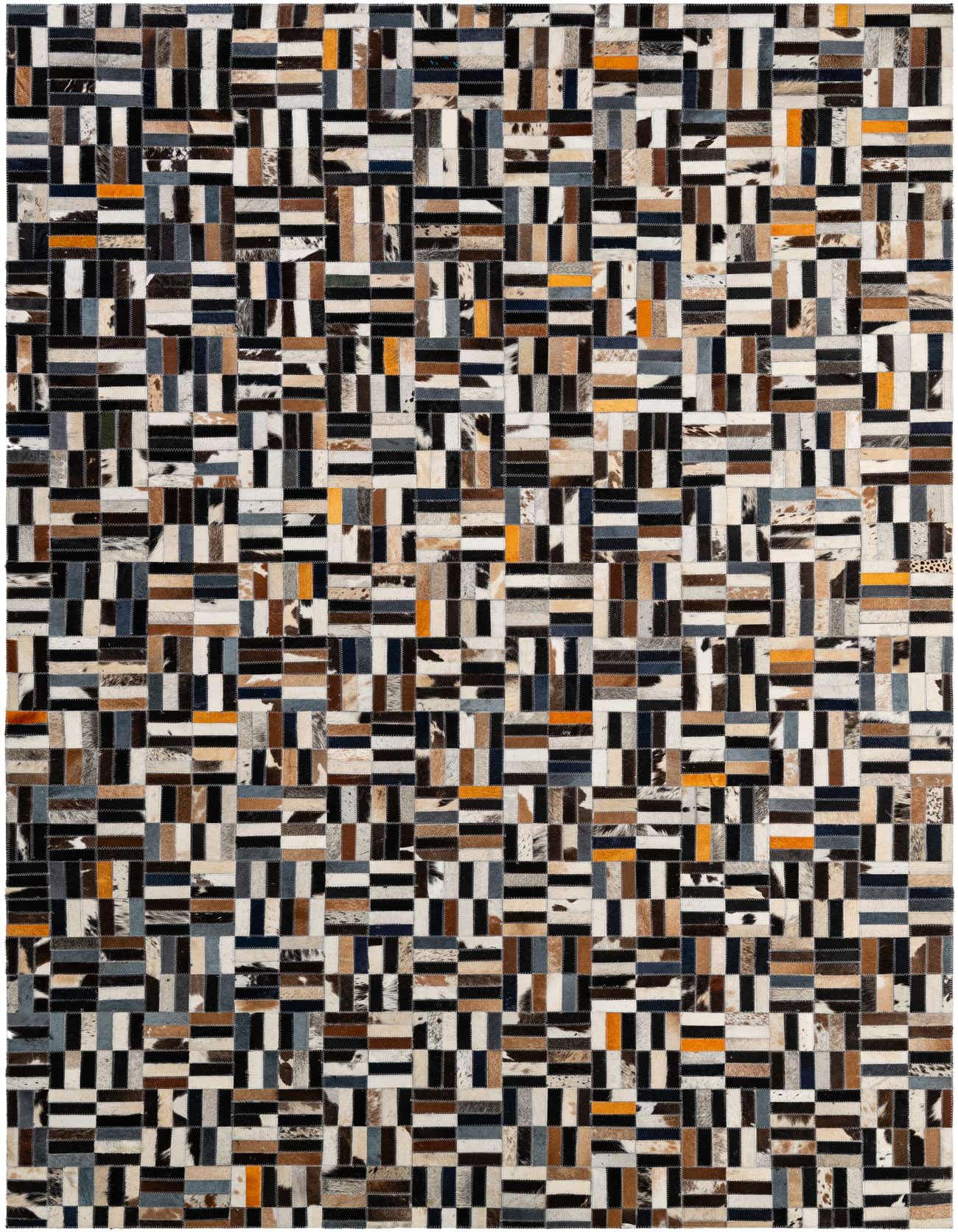 A rectangular 5x8 multi-colored modern patchwork cowhide rug, featuring various shades of brown, black, white, gray, and orange leather patches.